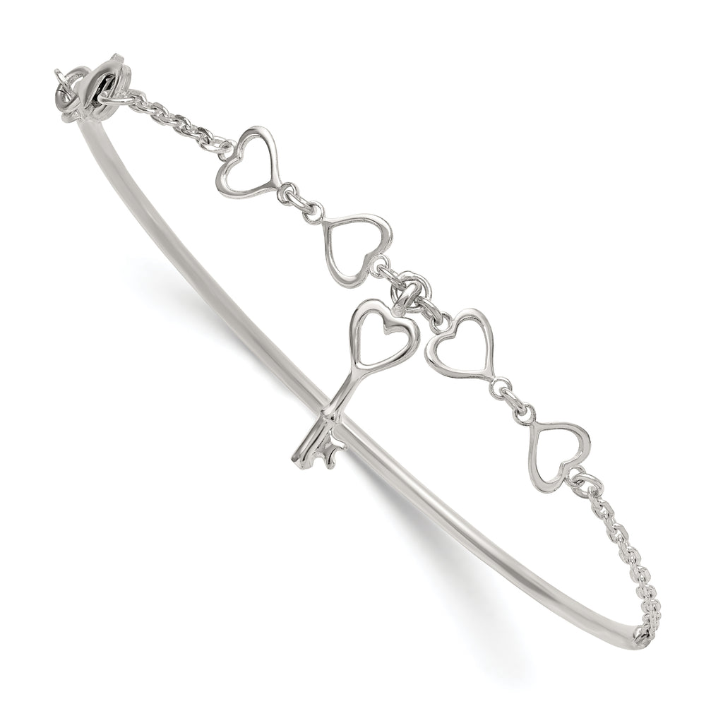 Sterling Silver Polished Open Hearts and Key Charms Half Bangle Bracelet