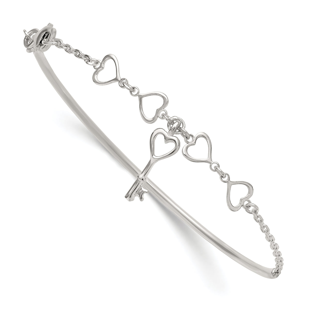 Sterling Silver Polished Open Hearts and Key Charms Half Bangle Bracelet