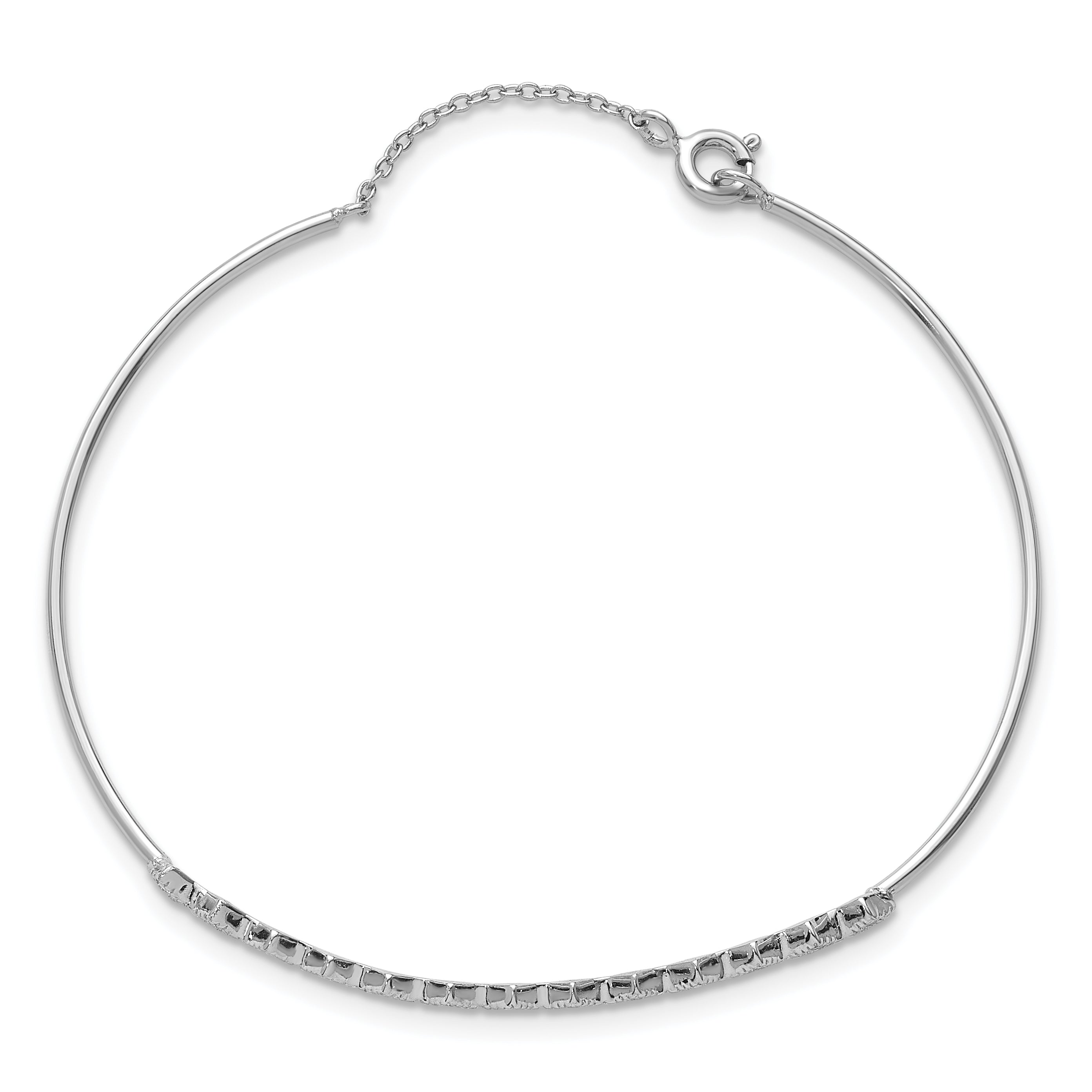 Sterling Silver Rhodium-plated Polished and Textured CZ Cuff with Safety Chain Bracelet