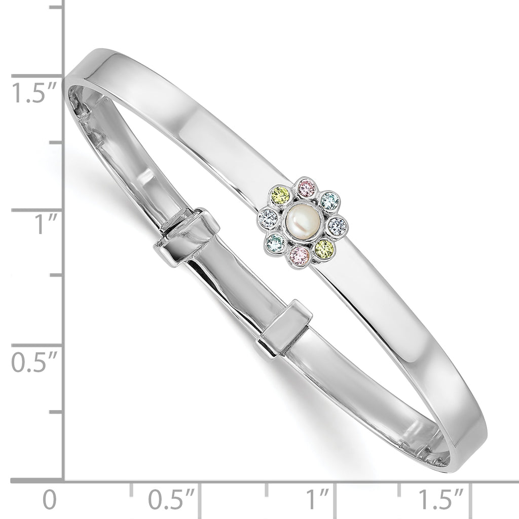 Sterling Silver Rhodium-plated Polished Green, Pink, Blue and Purple CZ and Freshwater Cultured Pearl Flower Childrens Expandable Bangle