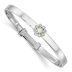 Sterling Silver Rhodium-plated Polished Green, Pink, Blue and Purple CZ and Freshwater Cultured Pearl Flower Childrens Expandable Bangle