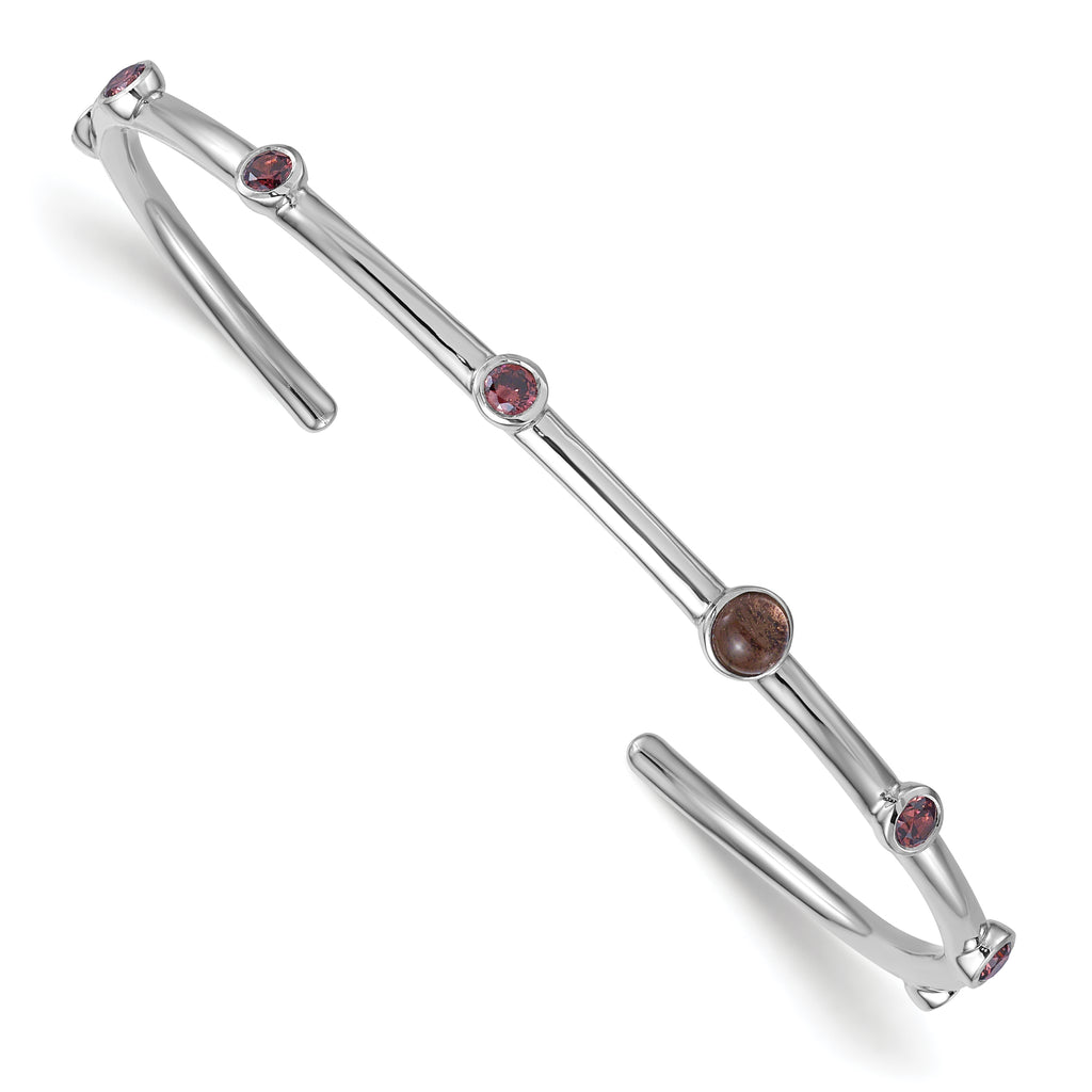 Sterling Silver Rhodium-plated Polished Brown CZ and Smokey Quartz Cuff Bangle