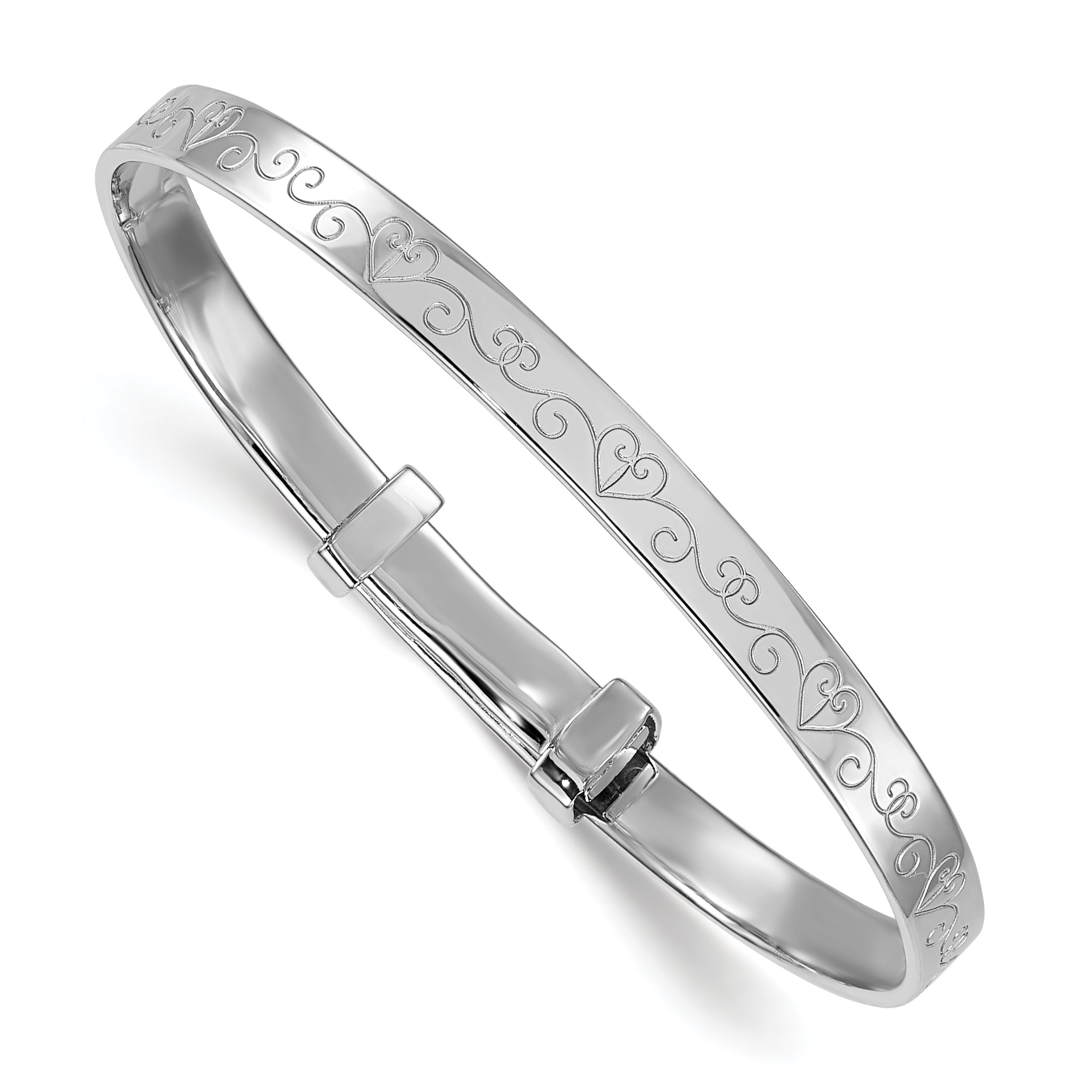 Sterling Silver Rhodium-plated Polished Etched Heart Pattern Childrens Expandable Bangle Main image