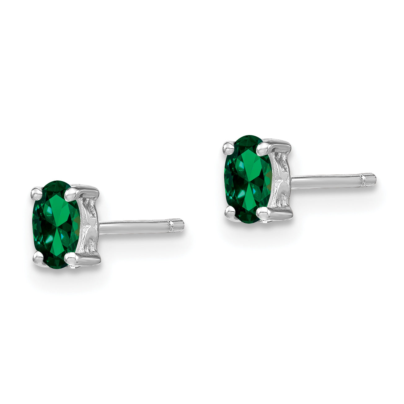 Sterling Silver Rhodium-plated 5x3mm Oval Created Emerald Post Earrings Secondary image