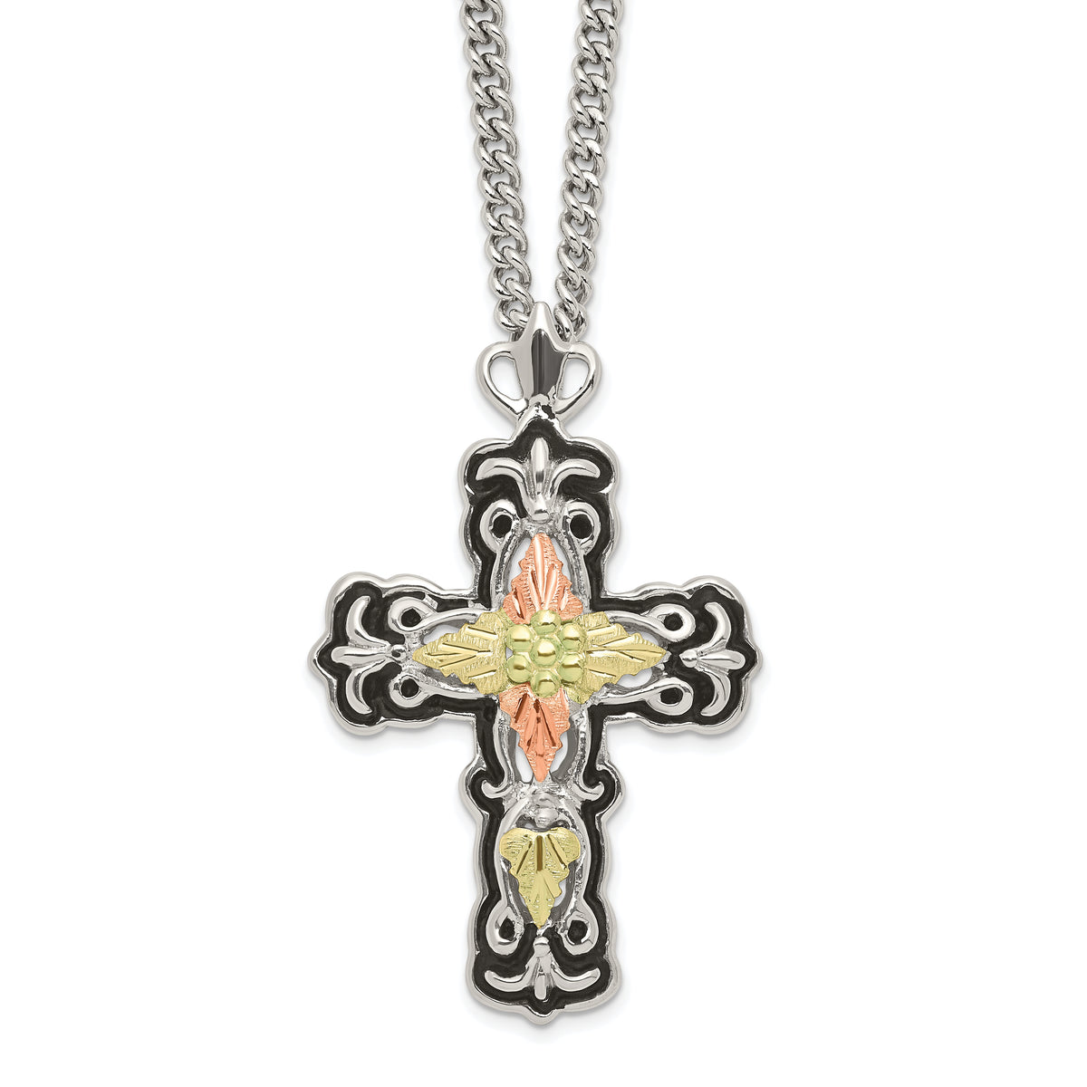 Landstrom's Mt. Rushmore Black Hills Sterling Silver 12K Gold Accents Antiqued Cross 18 inch Spring Ring Clasp Necklace