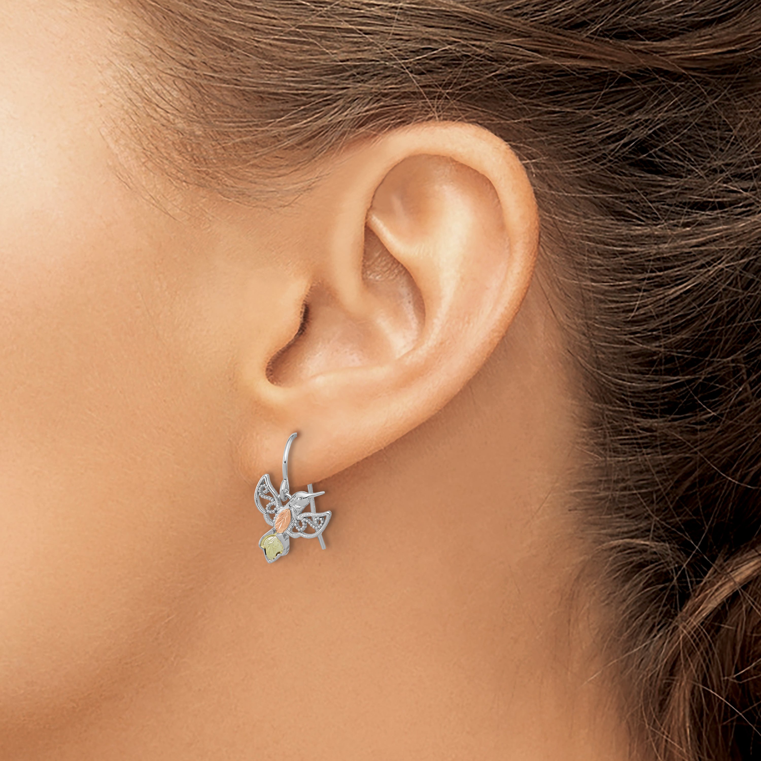 Sterling Silver Rhod-pltd With 12K Accents Hummingbird Dangle Earrings