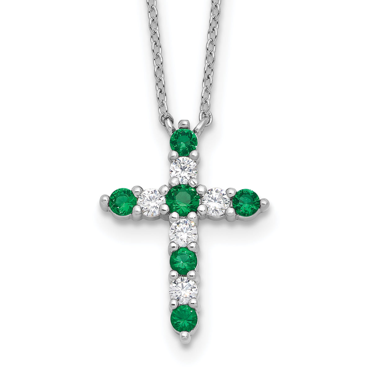 SSRhodium-Rhodium-Plated Green CZ May Birthstone Cross With 2 Inch Extention Necklace