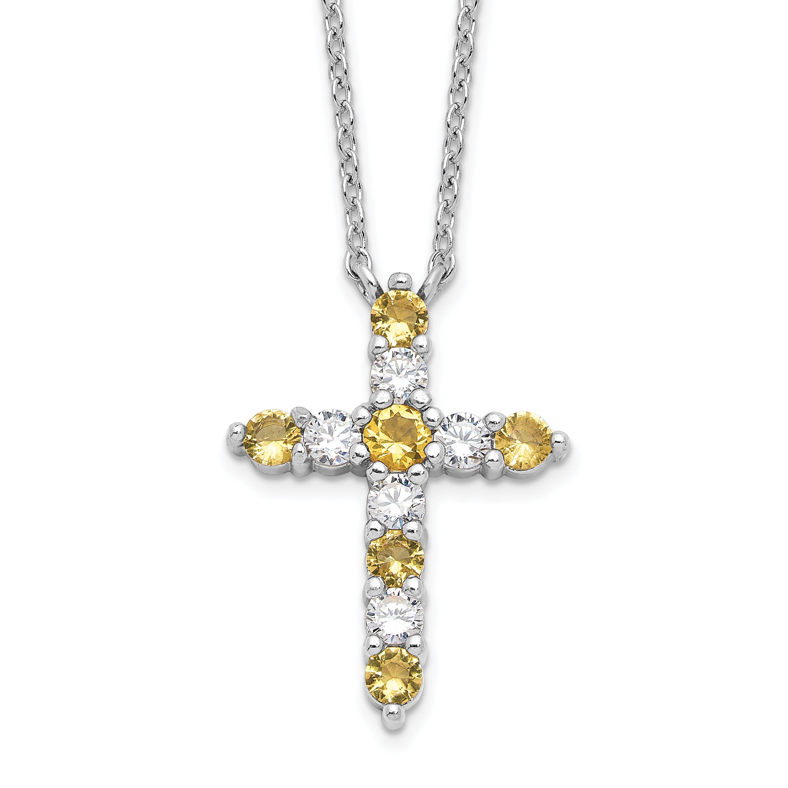 SSRhodium-Rhodium-Plated Yellow CZ Nov Birthstone Cross With 2 Inch Extention Necklace Main image