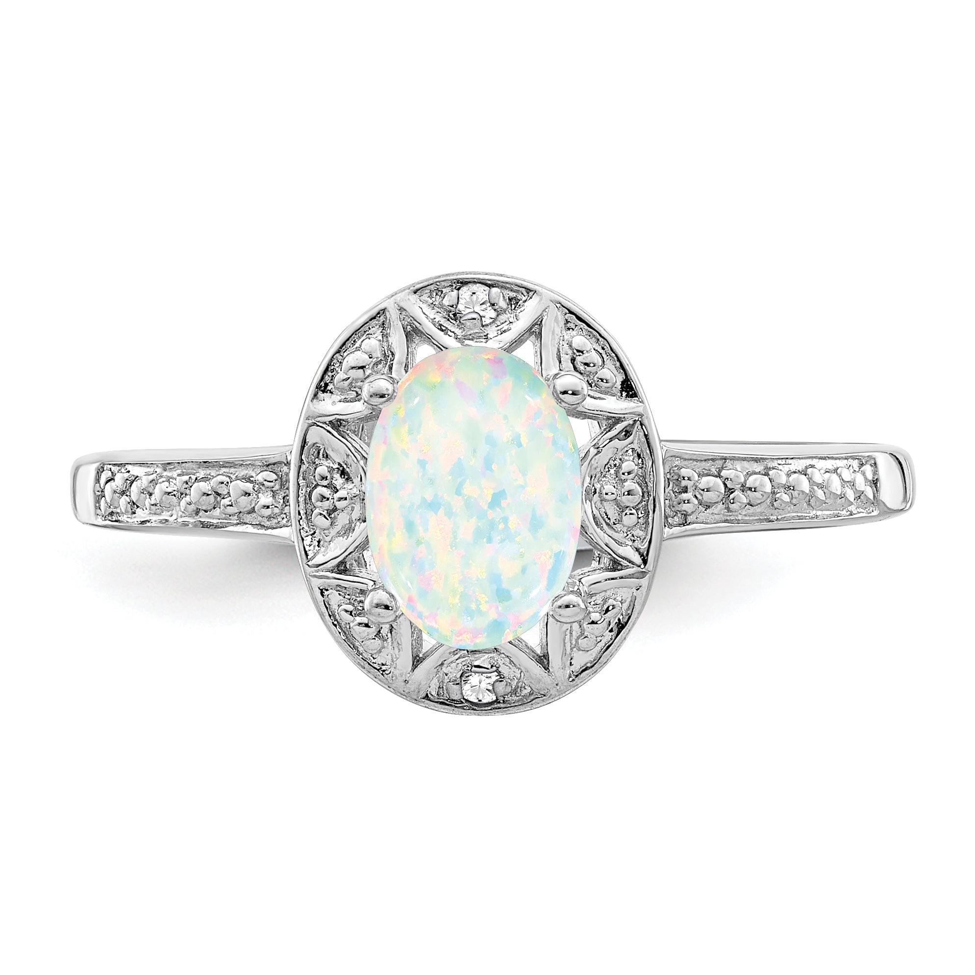 Sterling Silver Rhodium-plated Diam. & Created Opal Ring