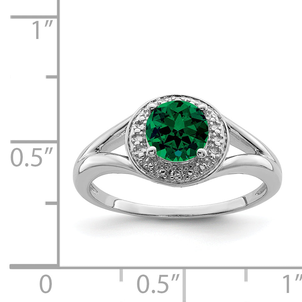 Sterling Silver Rhodium-plated Diam. & Created Emerald Ring