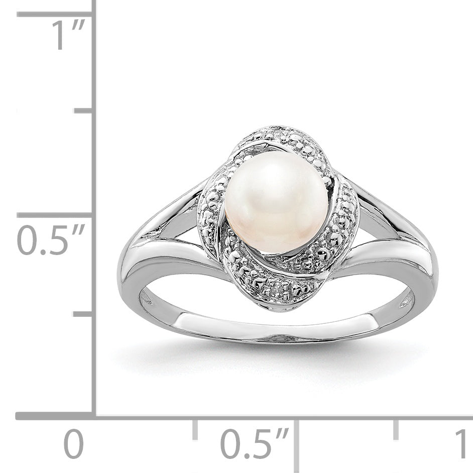 Sterling Silver Rhodium-plated Diam. & FW Cultured Pearl Ring