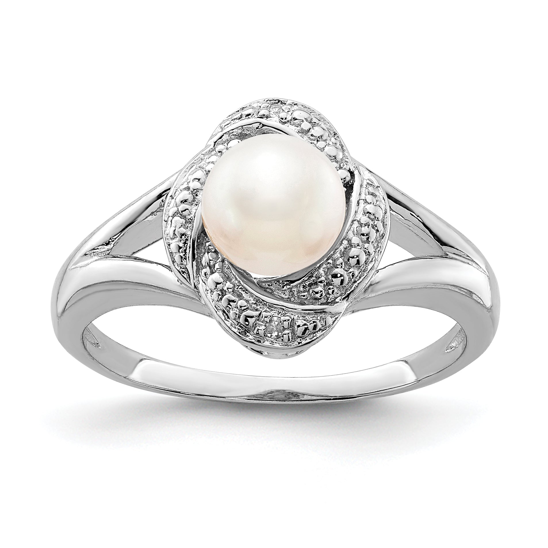Sterling Silver Rhodium-plated Diam. & FW Cultured Pearl Ring