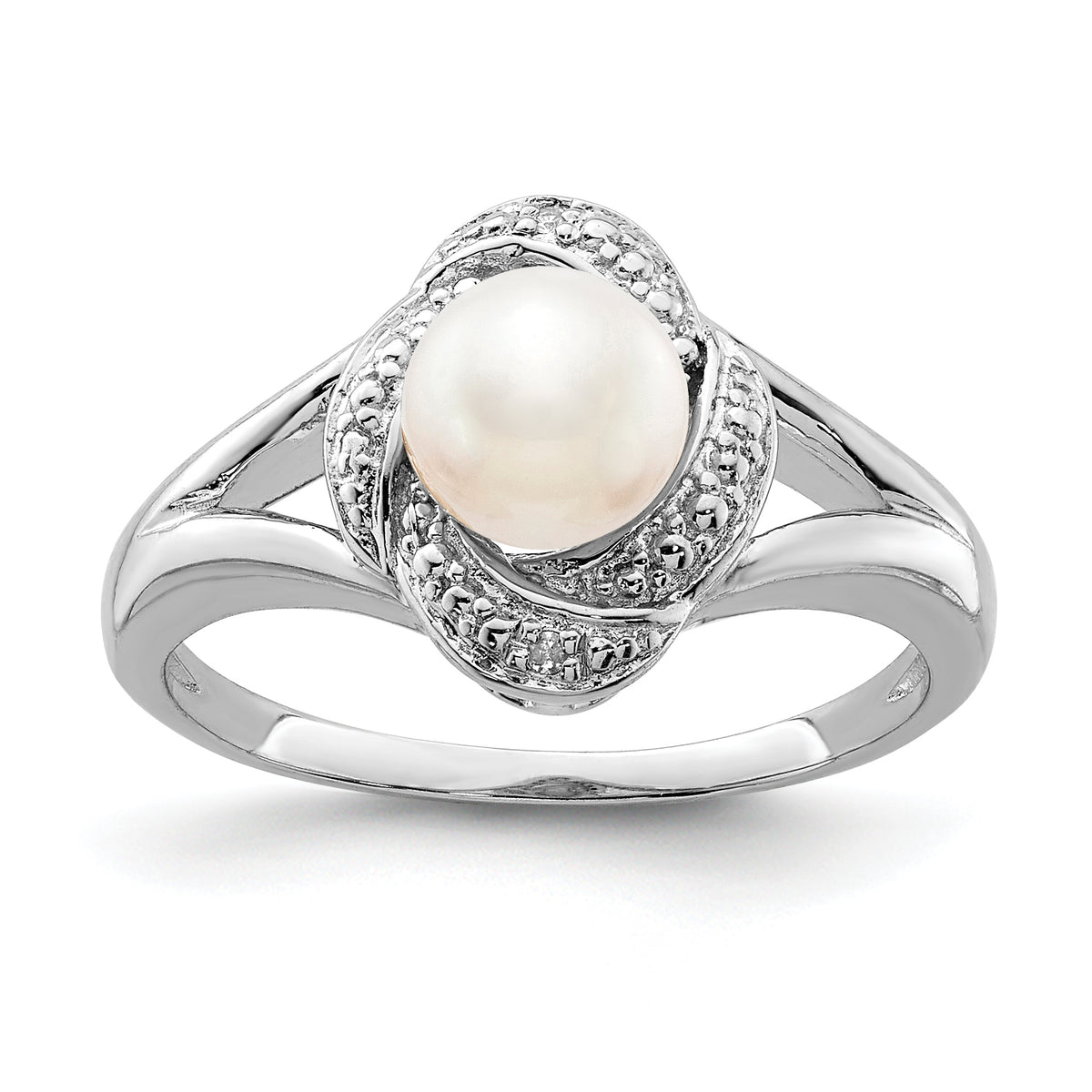Sterling Silver Rhodium-plated Diam. & FW Cultured Pearl Ring