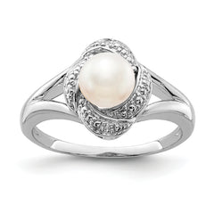 Sterling Silver Rhodium-plated Diam. & FW Cultured Pearl Ring