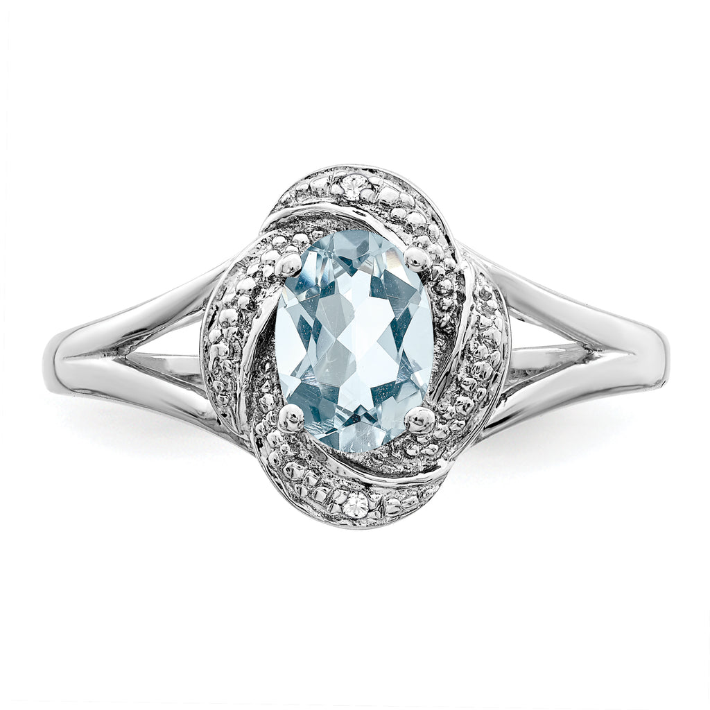 Sterling Silver Rhodium-plated Diam. & Aquamarine Ring