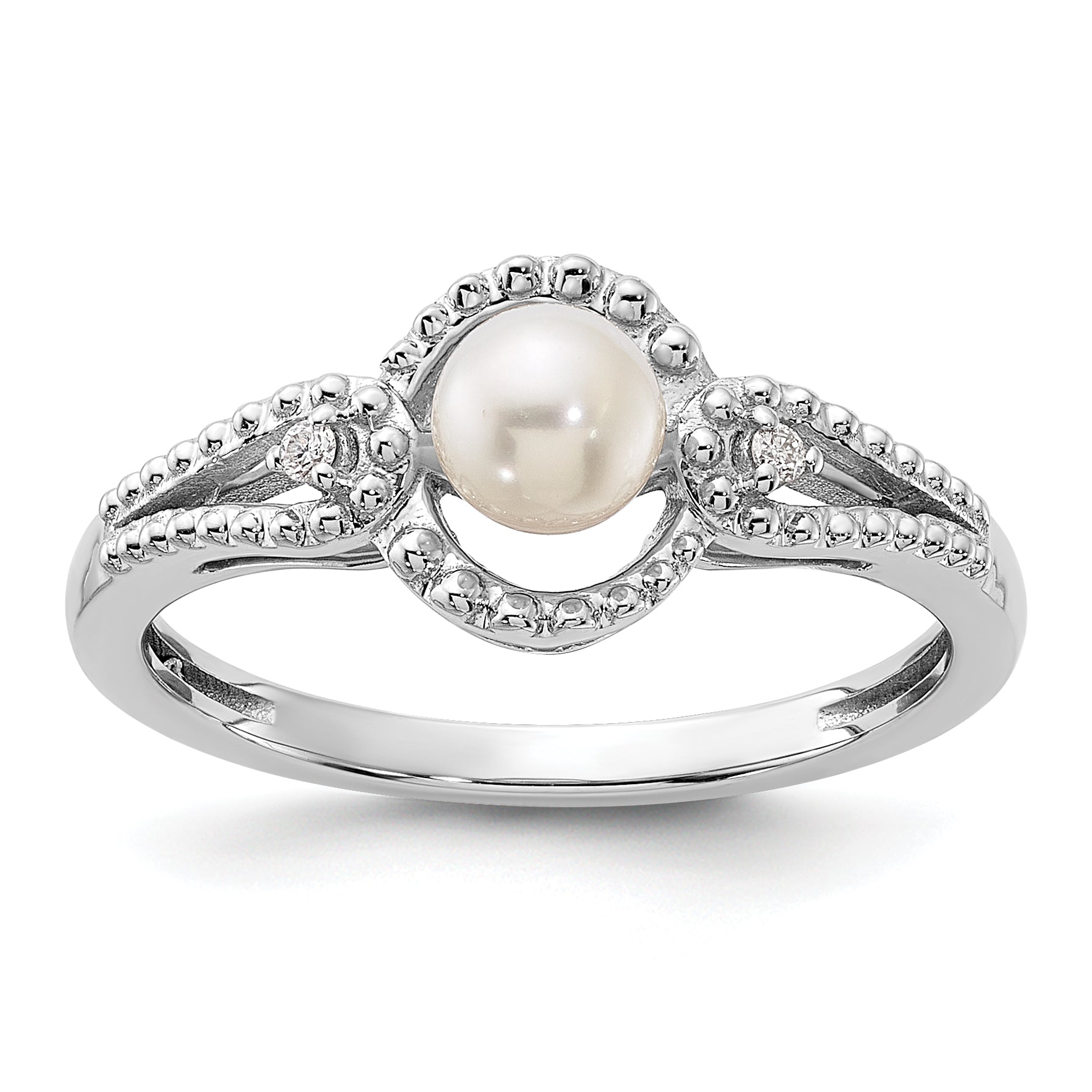Sterling Silver Rhodium-plated FW Cultured Pearl & Diam. Ring Main image