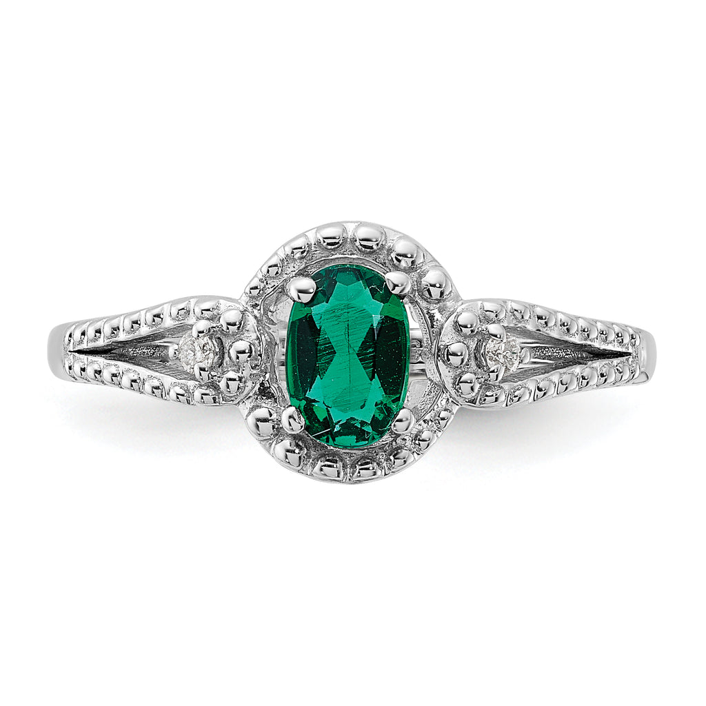 Sterling Silver Rhodium-plated Created Emerald & Diam. Ring