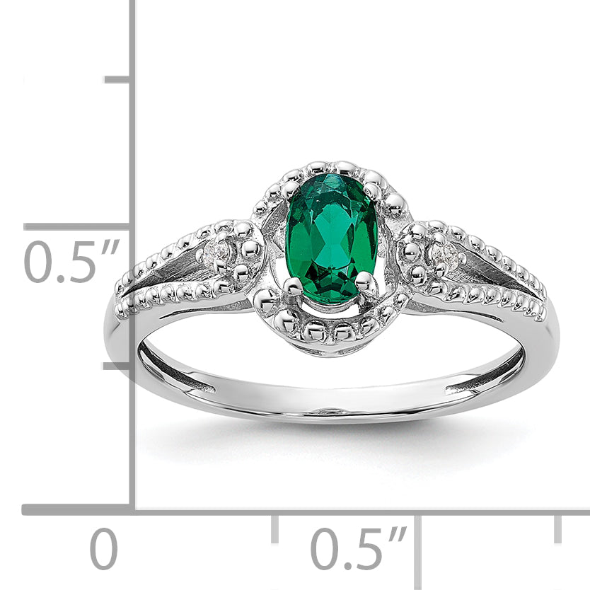 Sterling Silver Rhodium-plated Created Emerald & Diam. Ring