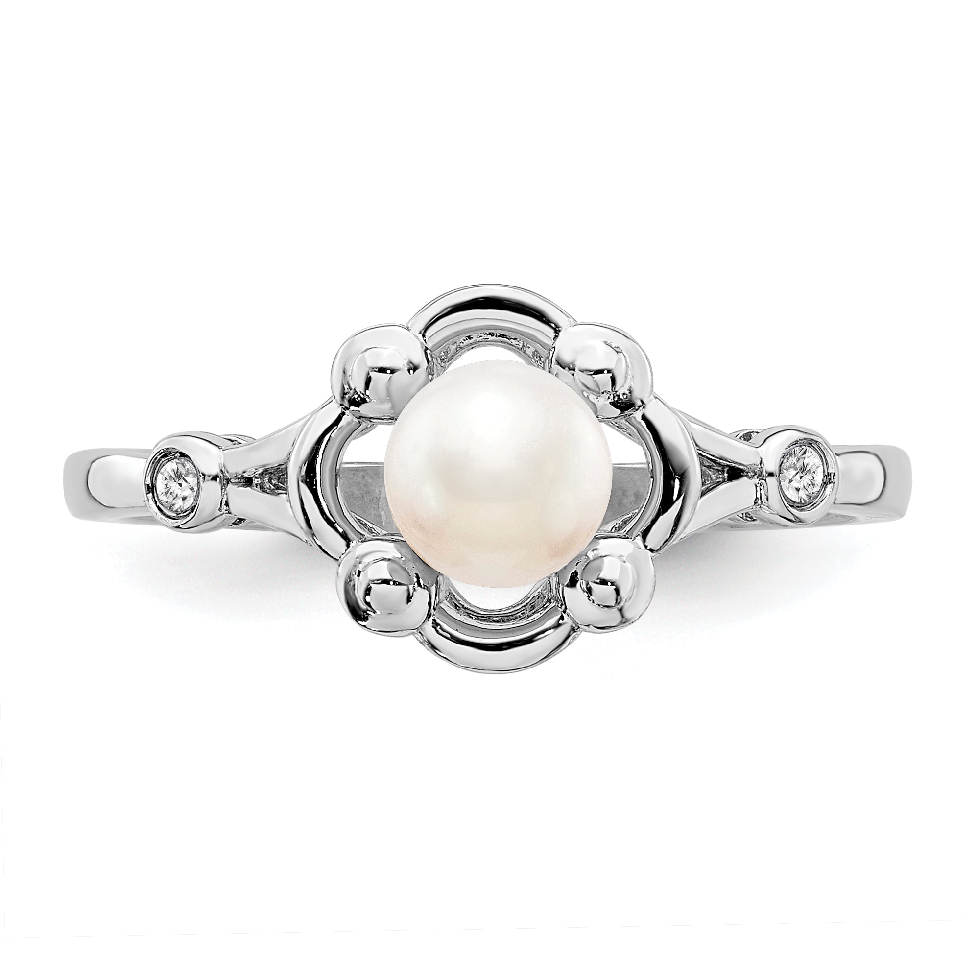 Sterling Silver Rhodium-plated FW Cultured Pearl & Diam. Ring