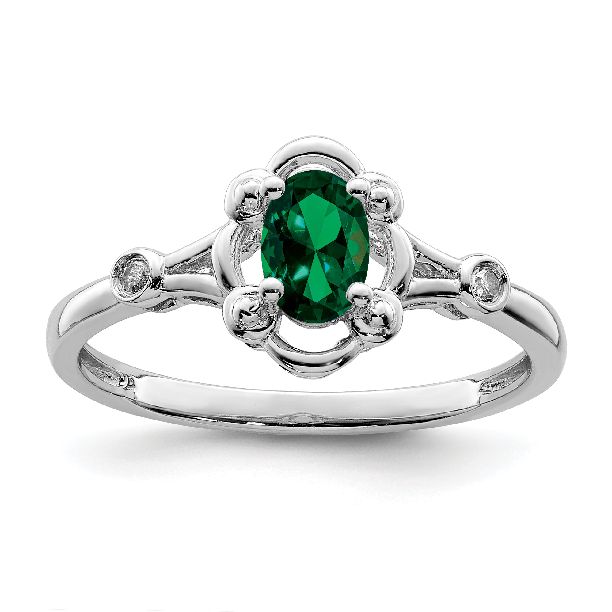 Sterling Silver Rhodium-plated Created Emerald & Diam. Ring Main image