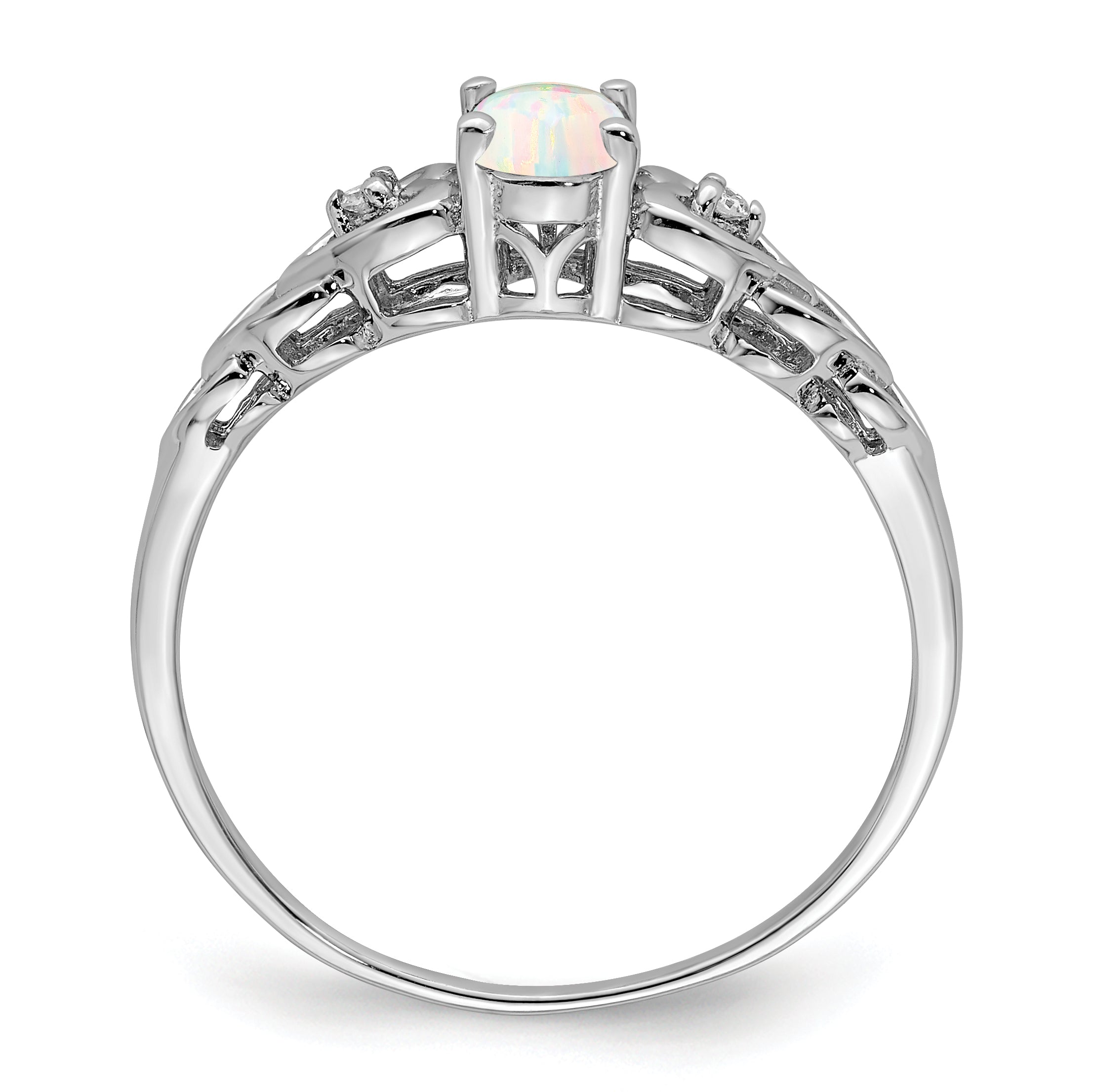 Sterling Silver Rhodium-plated Created Opal & Diam. Ring