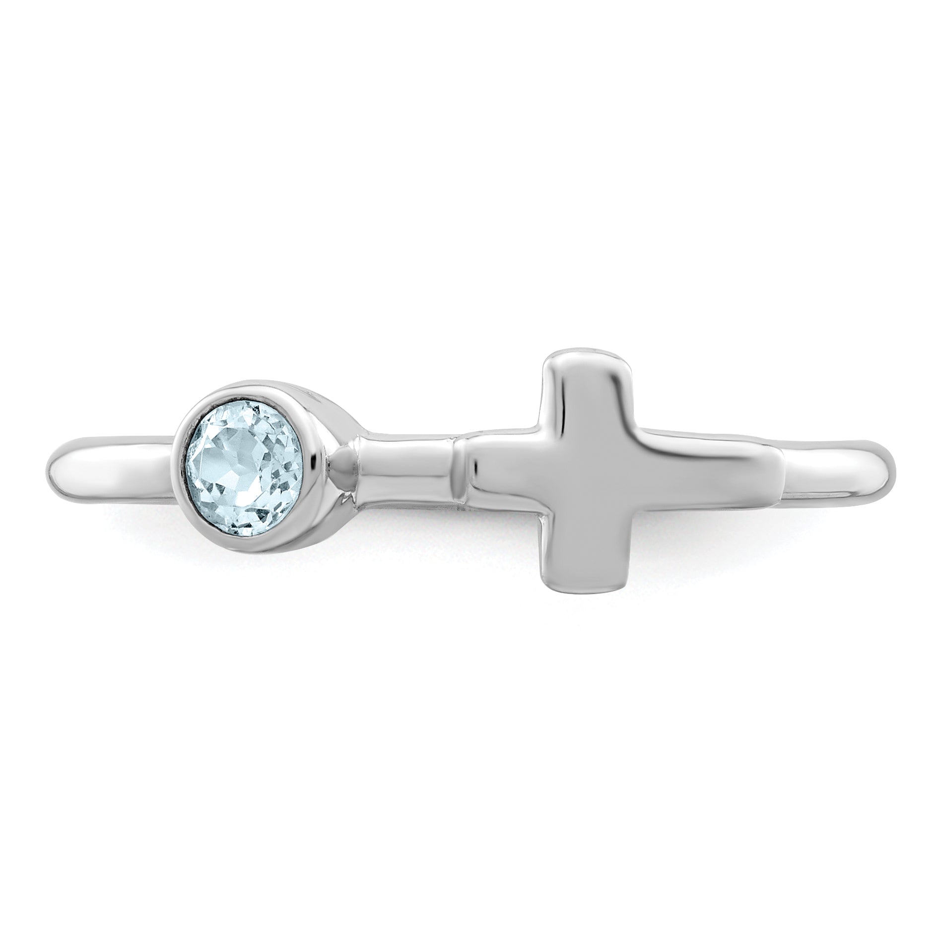 Sterling Silver Rhodium-plated Polished Cross Aquamarine Ring