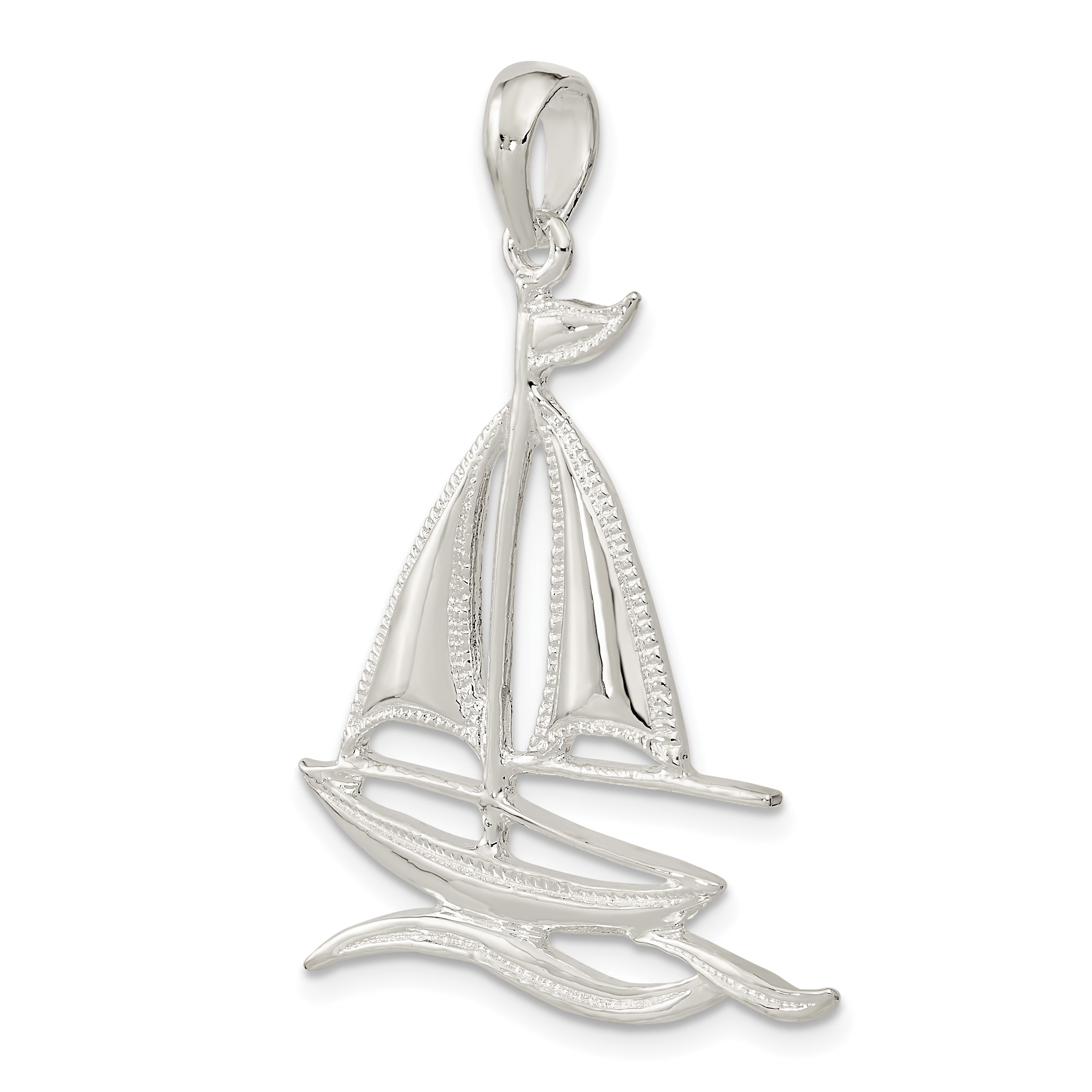 De-Ani Sterling Silver Rhodium-Plated Polished and Textured Sailboat on Water Pendant