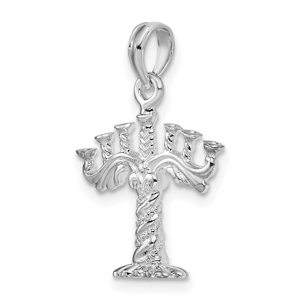 De-Ani Sterling Silver Rhodium-plated Polished and Textured 3D Menorah Pendant
