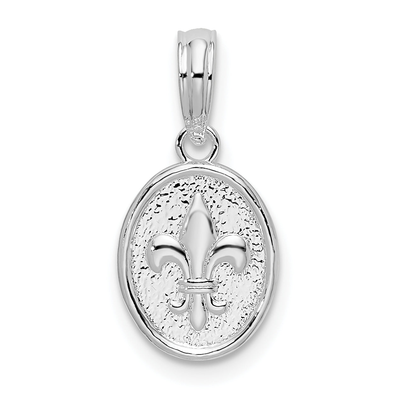De-Ani Sterling Silver Rhodium-plated Polished and Textured Fleur de Lis Small Oval Pendant Main image