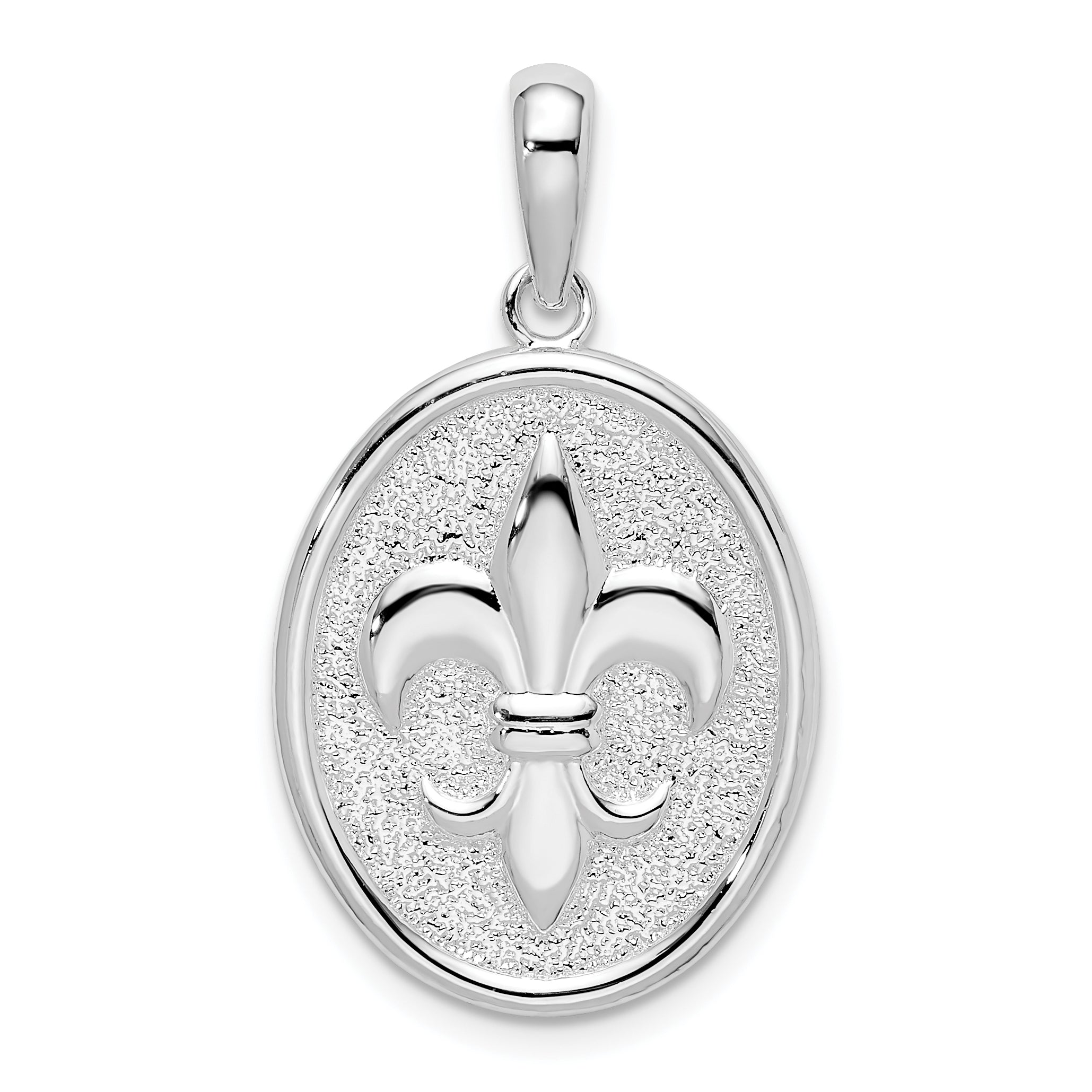 De-Ani Sterling Silver Rhodium-Plated Polished and Textured Fleur de Lis Oval Pendant Main image