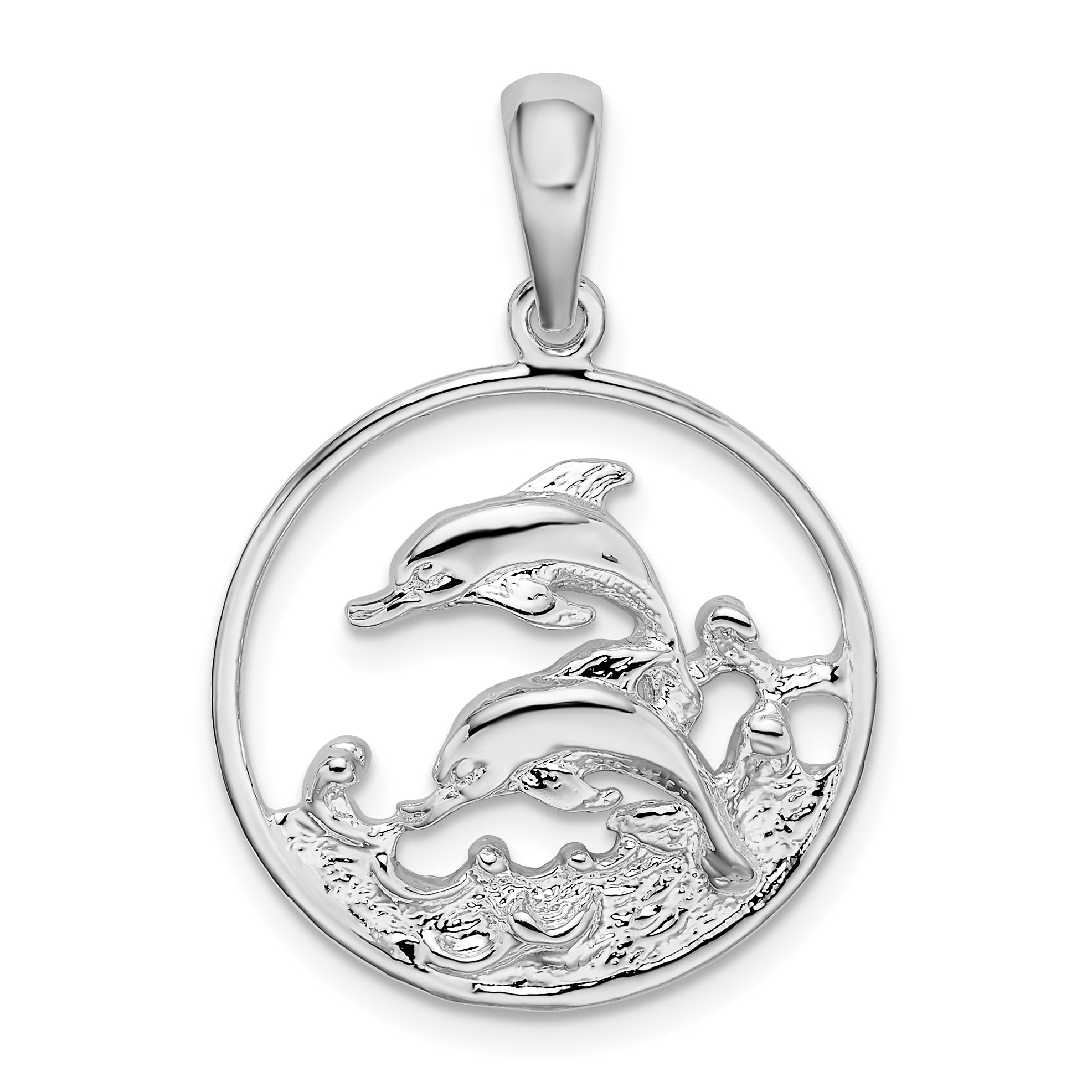 De-Ani Sterling Silver Rhodium-Plated Polished Dolphins Swimming Oval Pendant Main image
