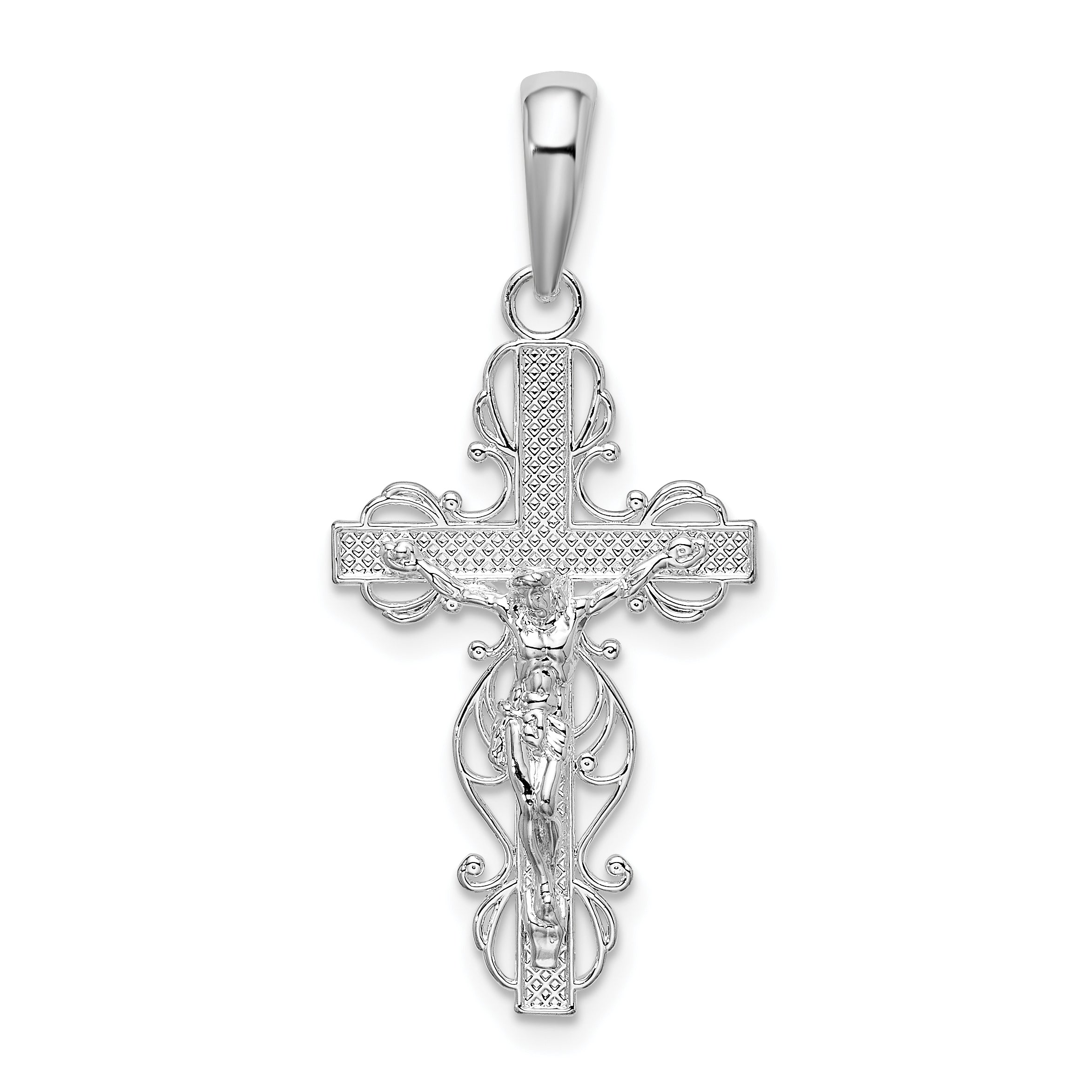 De-Ani Sterling Silver Rhodium-Plated Polished Lace Trim Crucifix Pendant Main image