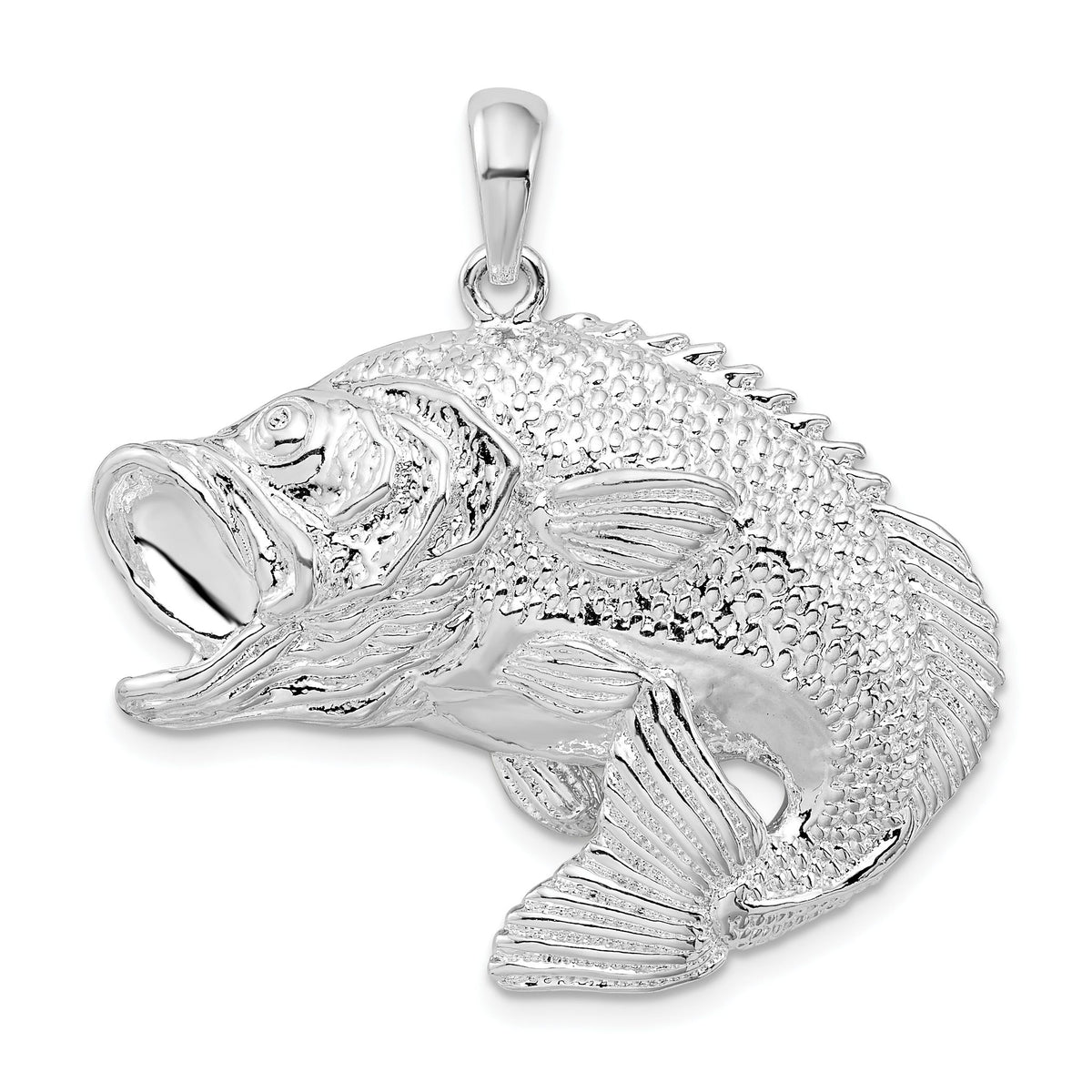 Jumping Bass Fish Pendant in Sterling Silver, 34mm Textured - Sophia Jewelers Main image