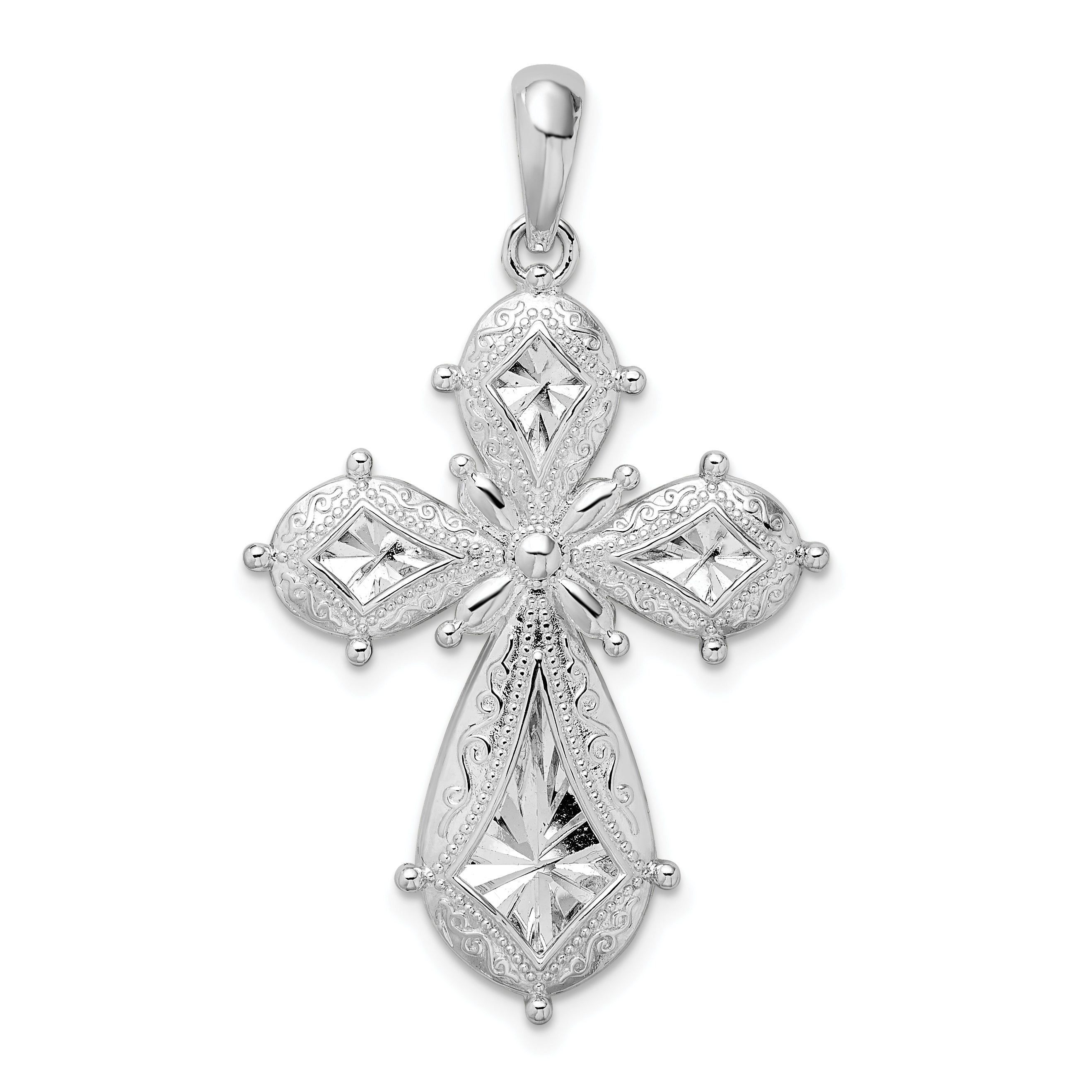 De-Ani Sterling Silver Rhodium-Plated Scroll Diamond-Cut Rounded Cross Pendant Main image
