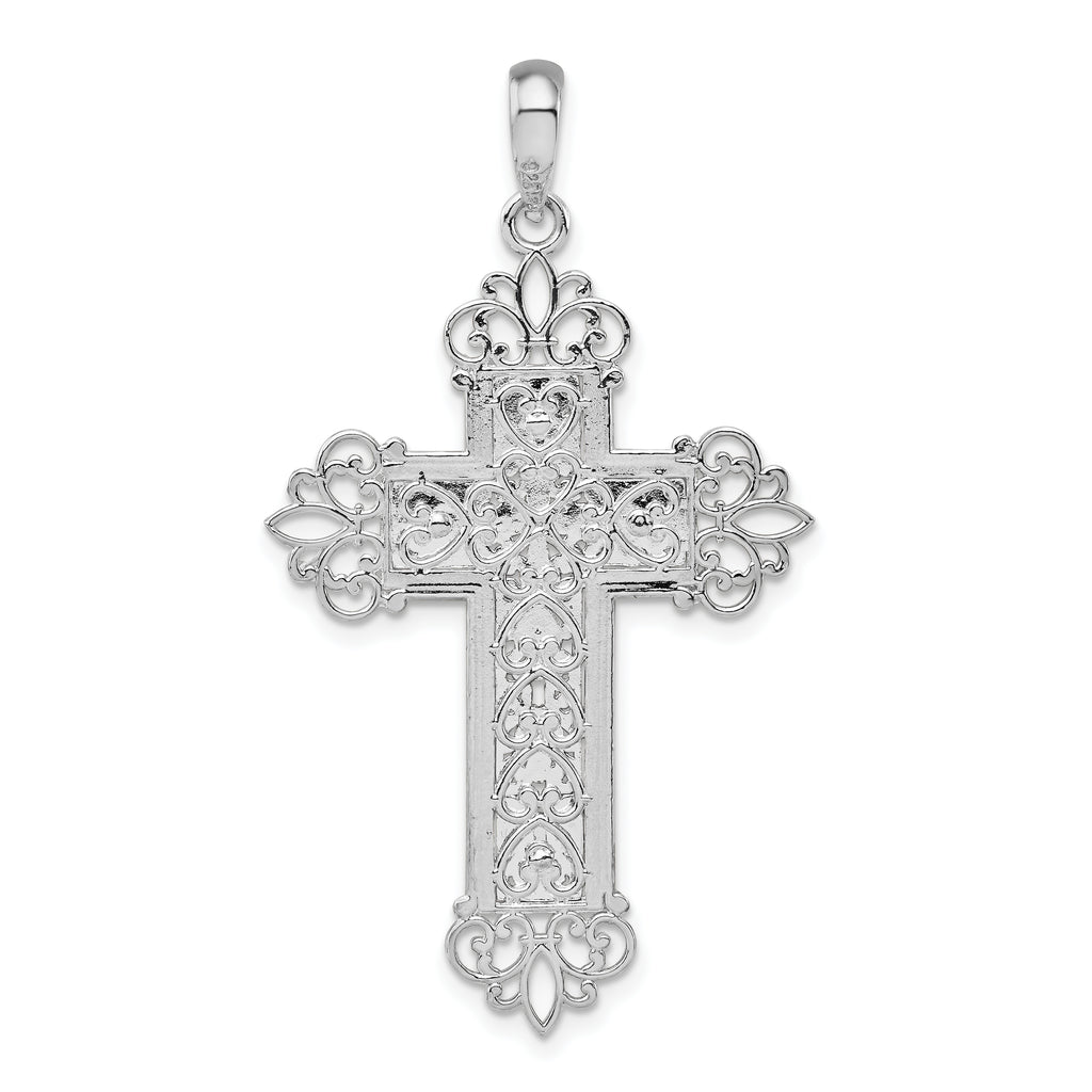 De-Ani Sterling Silver Rhodium-Plated Diamond-Cut Filigree Fleur de Lis Cross Pendant