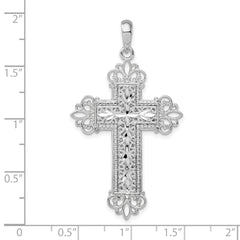 De-Ani Sterling Silver Rhodium-Plated Diamond-Cut Filigree Fleur de Lis Cross Pendant