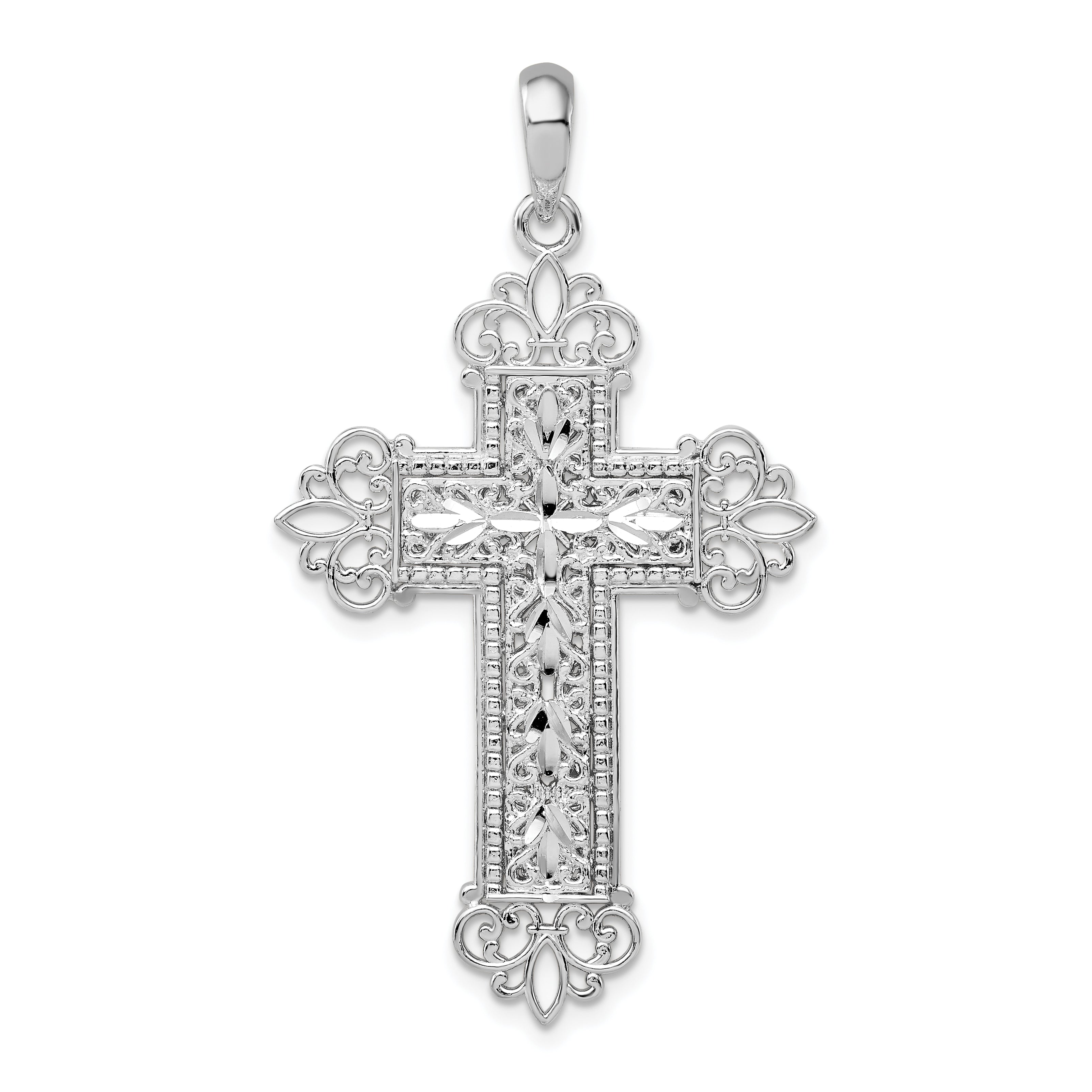 De-Ani Sterling Silver Rhodium-Plated Diamond-Cut Filigree Fleur de Lis Cross Pendant