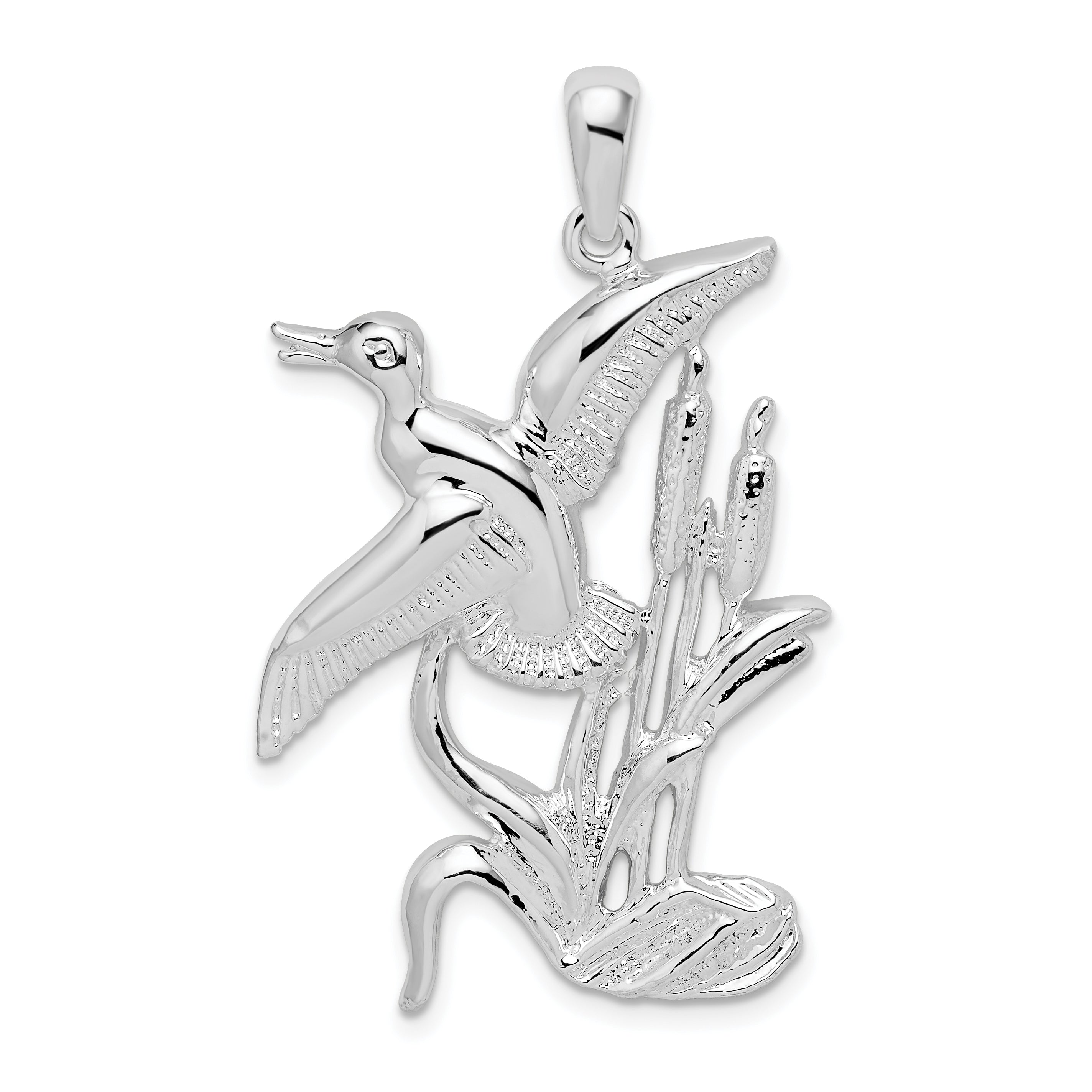 De-Ani Sterling Silver Rhodium-Plated Polished Duck Flying Over Cattails Pendant Main image