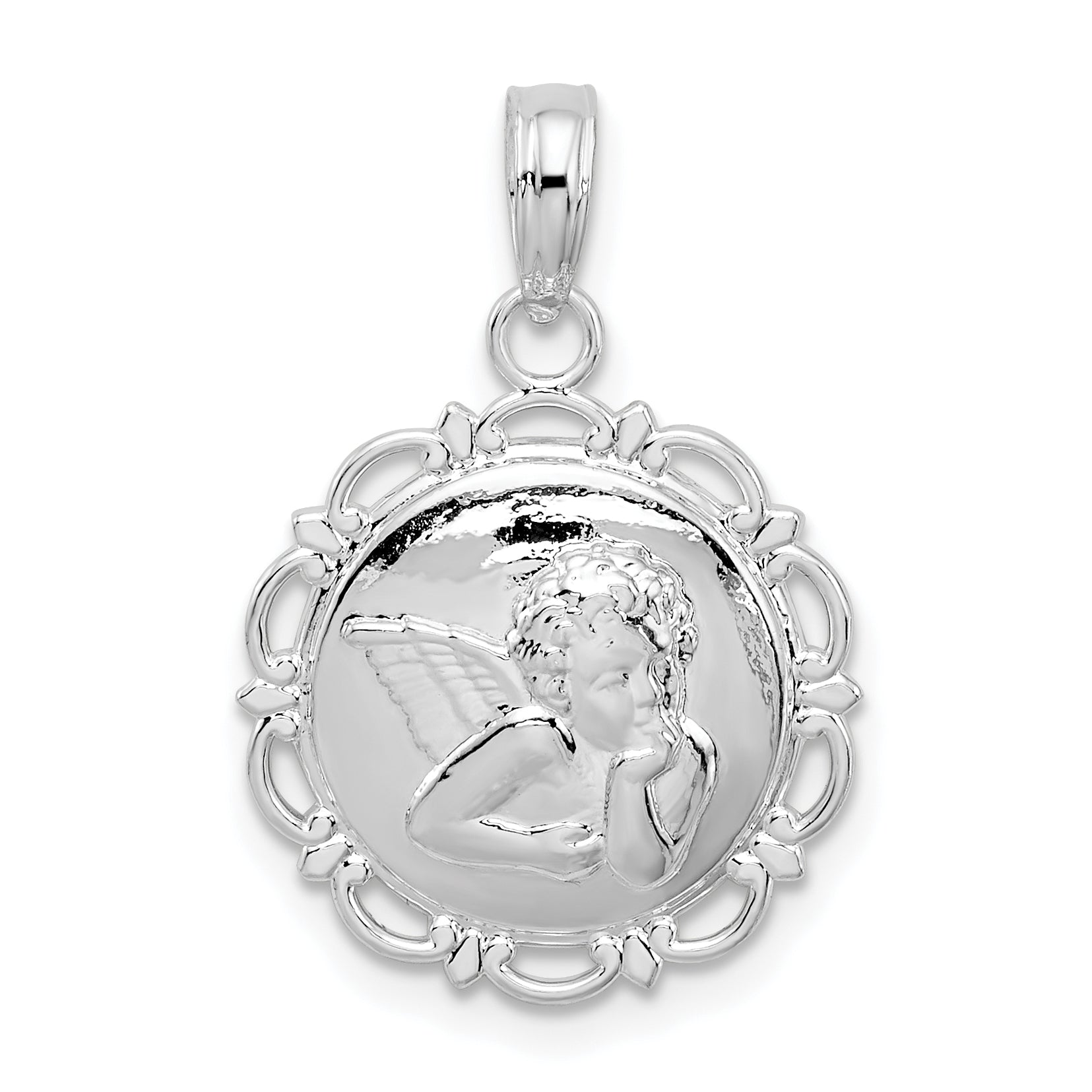 De-Ani Sterling Silver Rhodium-Plated Polished Scalloped Edge Angel Pendant Main image