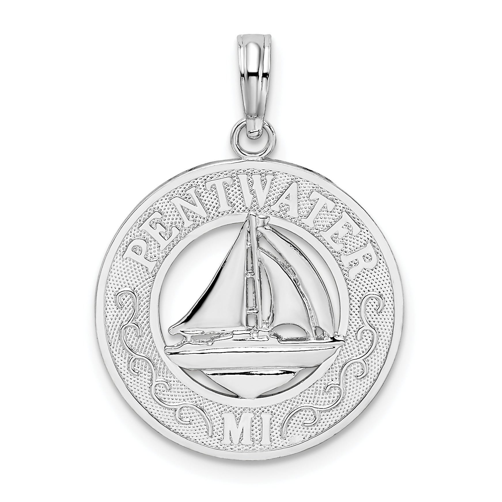 De-Ani Sterling Silver Rhodium-Plated Pentwater Michigan Circle with Sailboat Pendant Main image