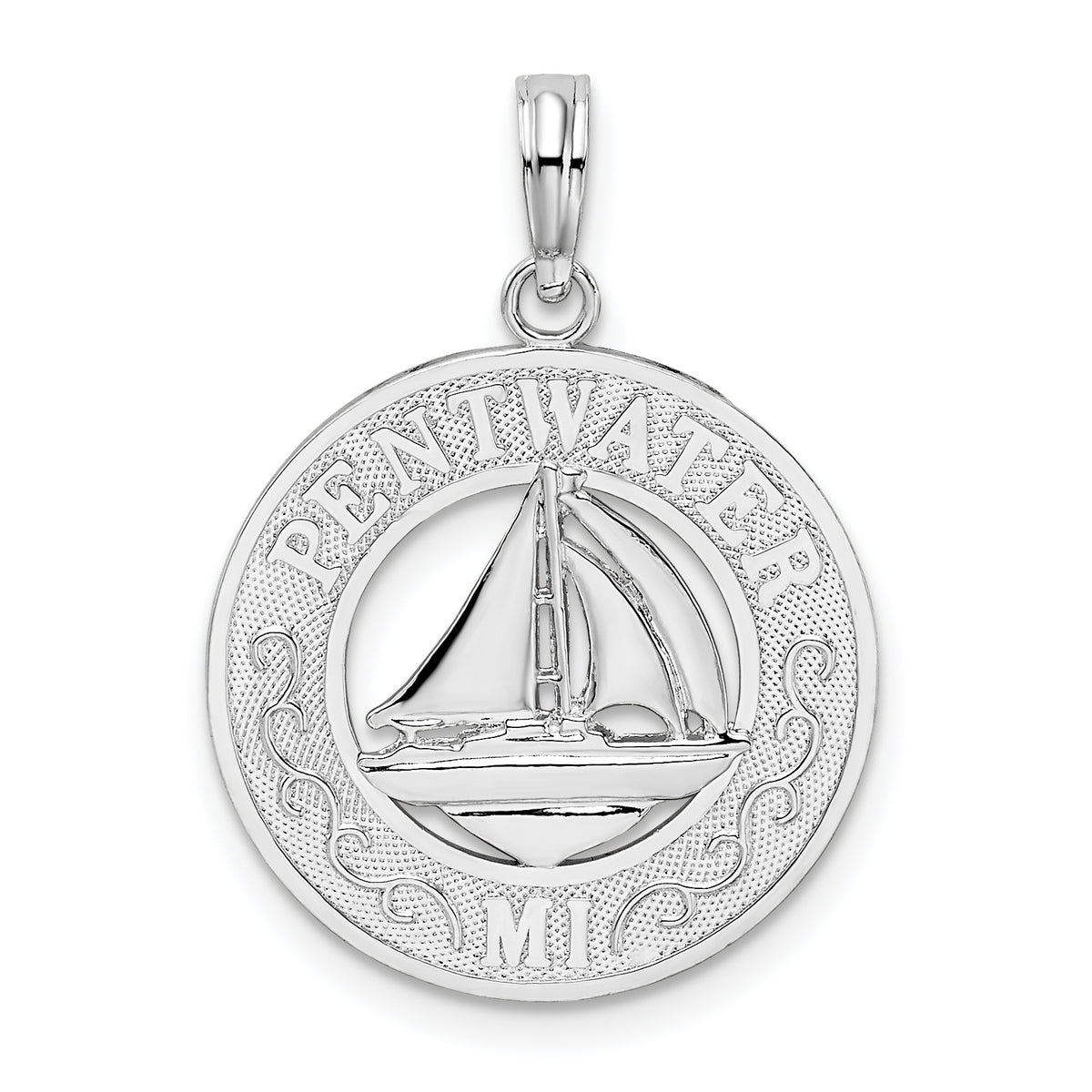De-Ani Sterling Silver Rhodium-Plated Pentwater Michigan Circle with Sailboat Pendant