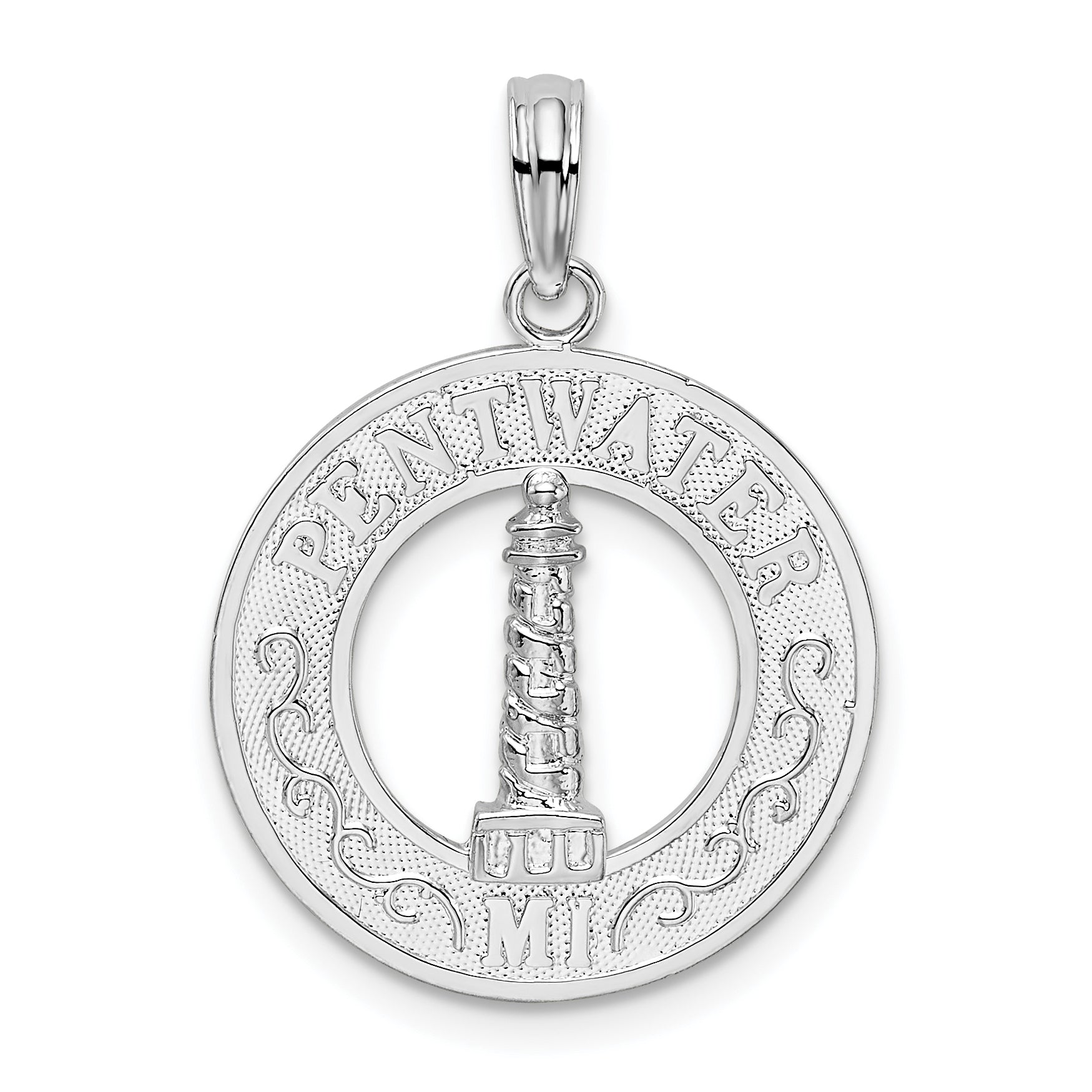 De-Ani Sterling Silver Rhodium-Plated Pentwater Michigan Circle with Lighthouse Pendant Main image