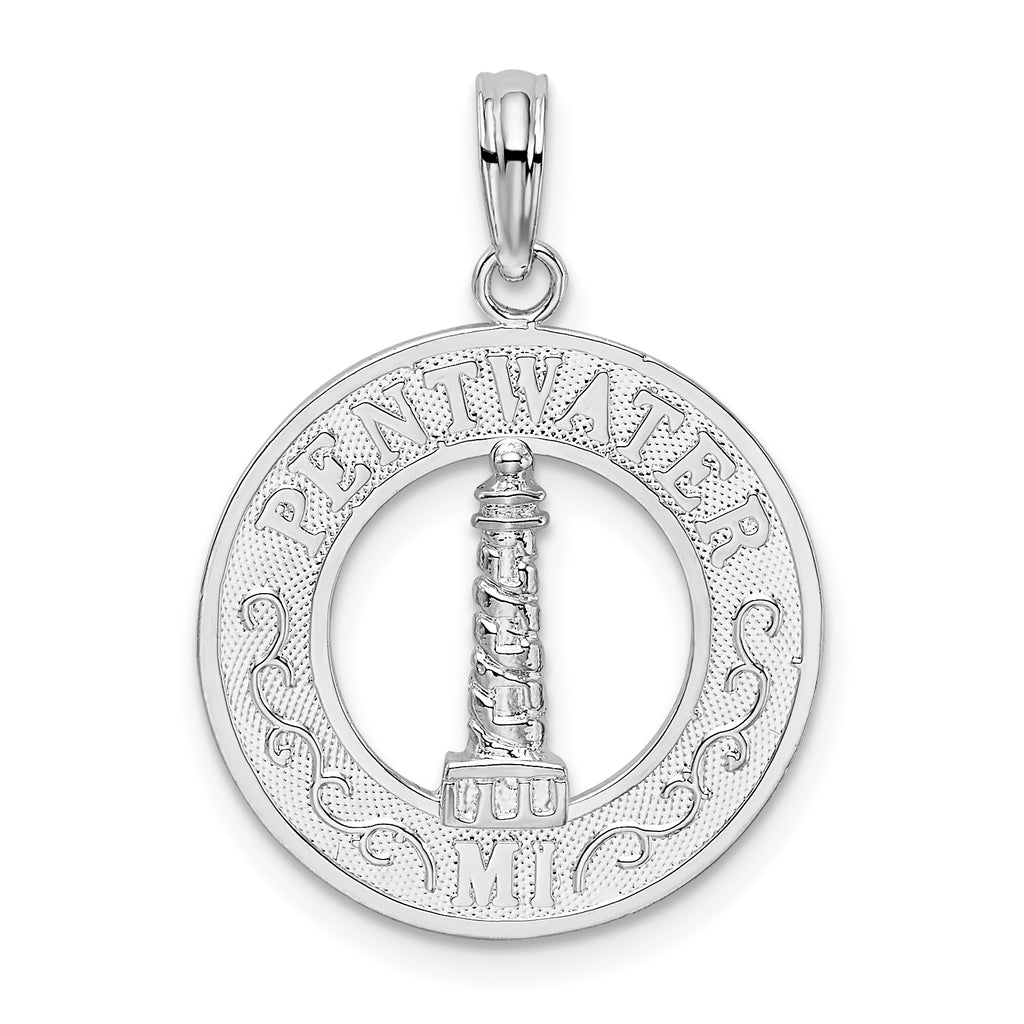 De-Ani Sterling Silver Rhodium-Plated Pentwater Michigan Circle with Lighthouse Pendant