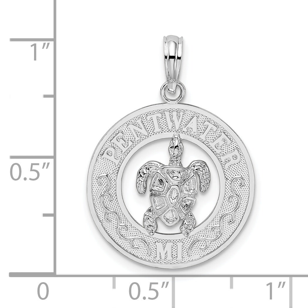 De-Ani Sterling Silver Rhodium-Plated Pentwater Michigan Circle with Turtle Pendant