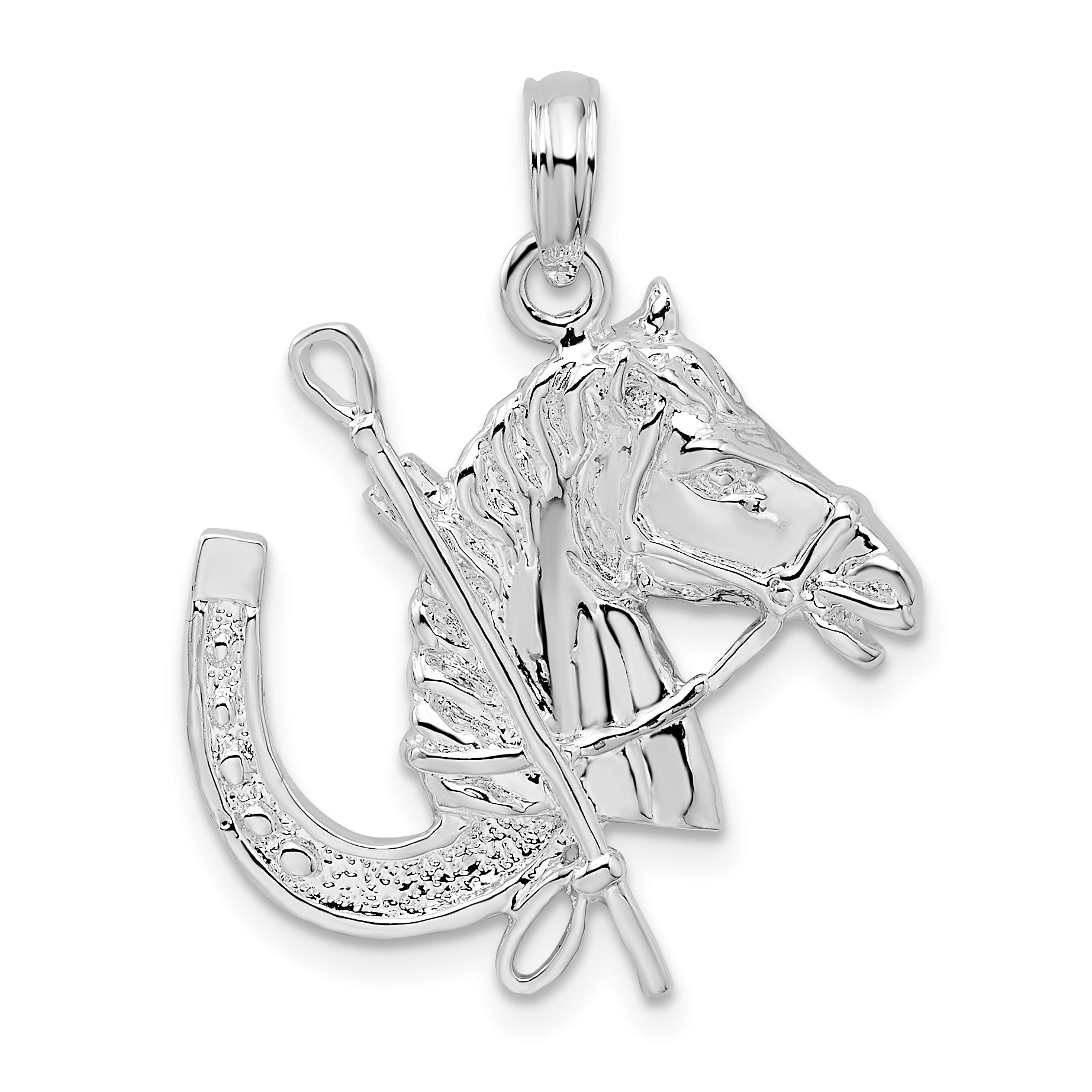 De-Ani Sterling Silver Rhodium-Plated Horse Head with Crop and Horseshoe Pendant Main image