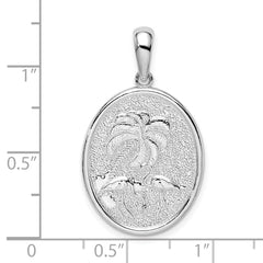 De-Ani Sterling Silver Rhodium-Plated Textured Flamingos with Palm Tree Oval Pendant