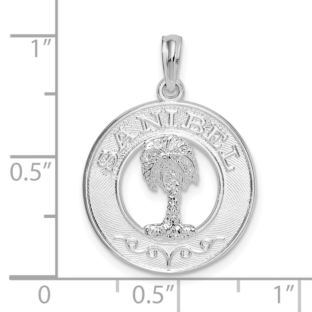 De-Ani Sterling Silver Rhodium-Plated Polished Sanibel Circle with Palm Tree Pendant
