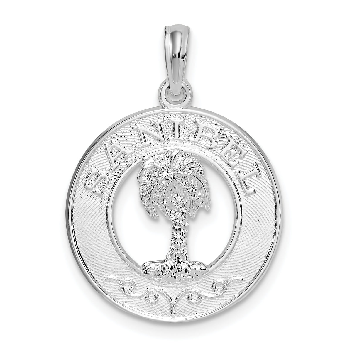 De-Ani Sterling Silver Rhodium-Plated Polished Sanibel Circle with Palm Tree Pendant