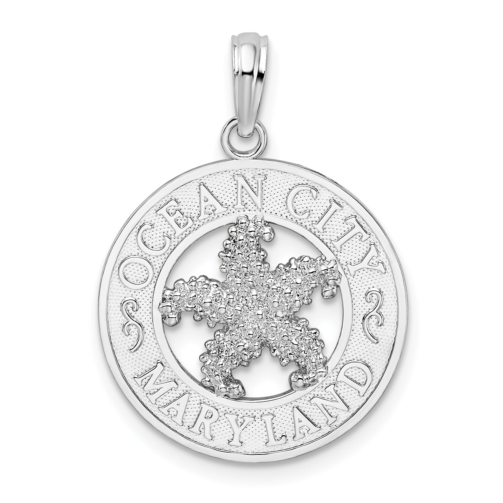 De-Ani Sterling Silver Rhodium-Plated Ocean City Maryland Circle with Starfish Pendant Main image