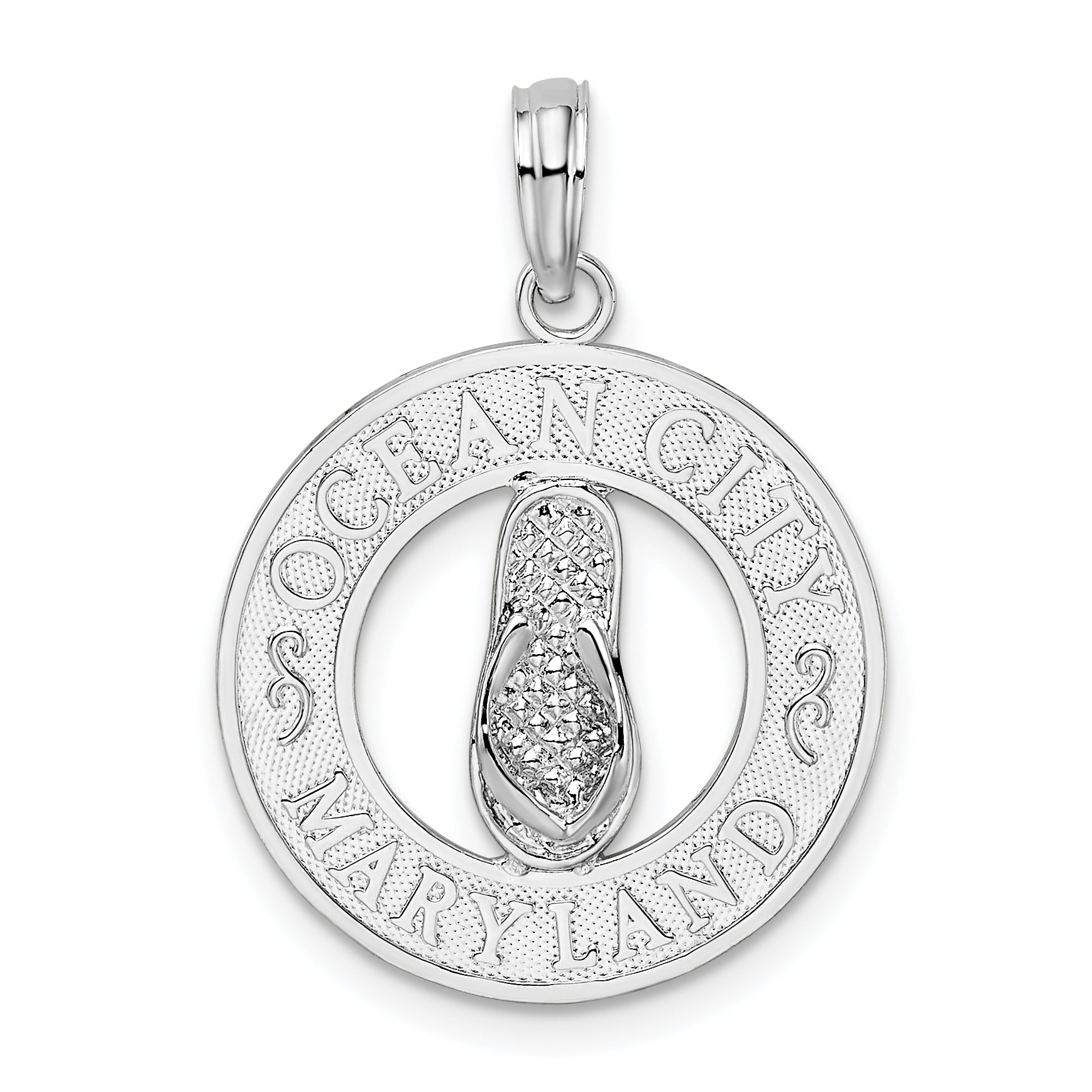 De-Ani Sterling Silver Rhodium-Plated Ocean City Maryland Circle with Flip-flop Pendant Main image